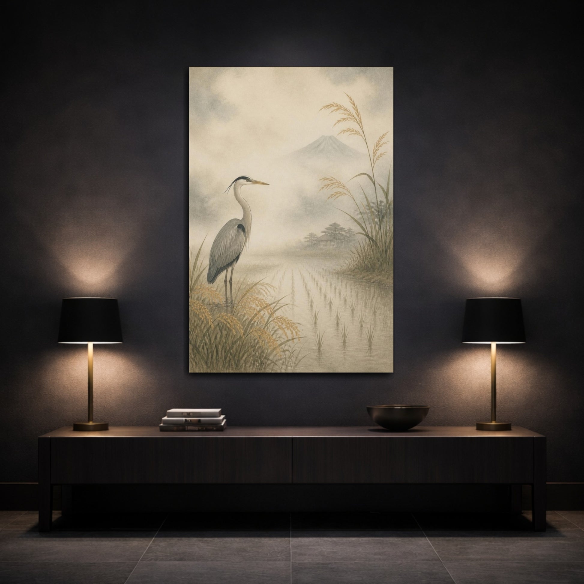 Mockup 3. Japanese Heron In Rice Field shown as canvas print
