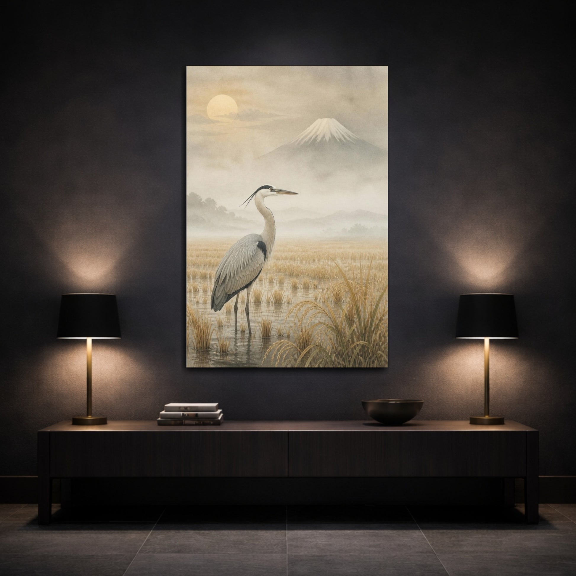 Mockup 3. Japanese Heron In Rice Field shown as canvas print