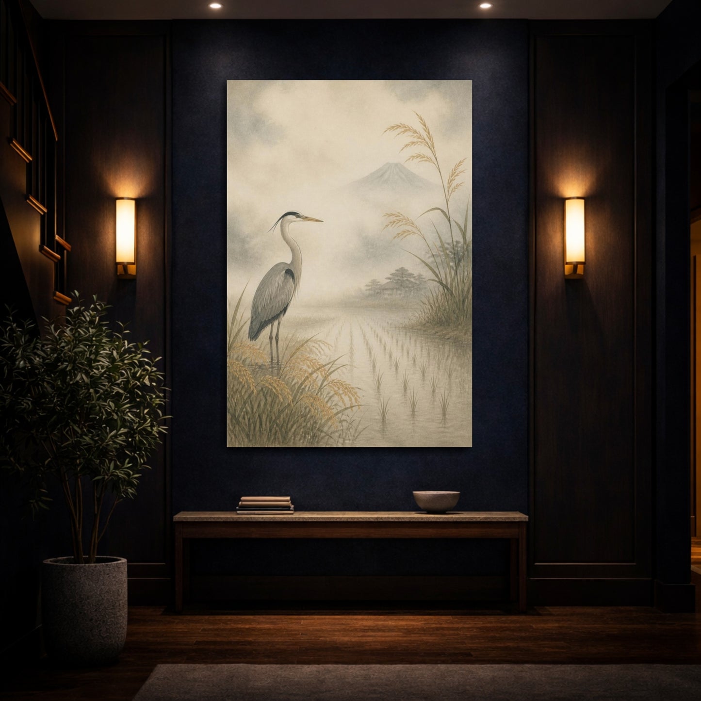 Mockup 4. Japanese Heron In Rice Field shown as canvas print