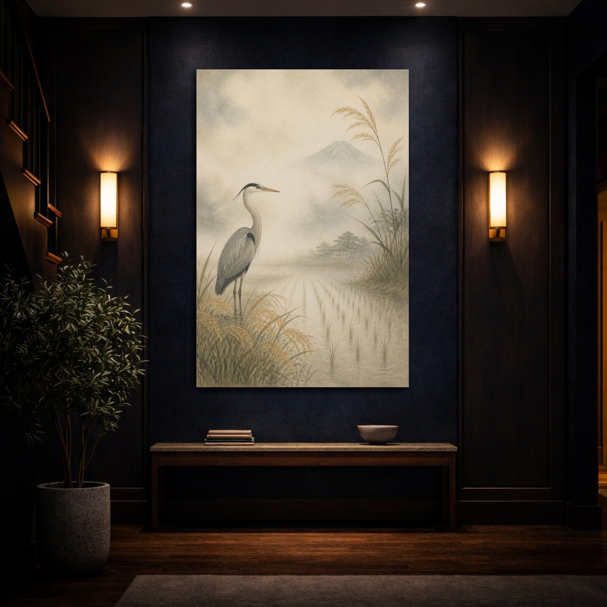 Mockup 4. Japanese Heron In Rice Field shown as canvas print