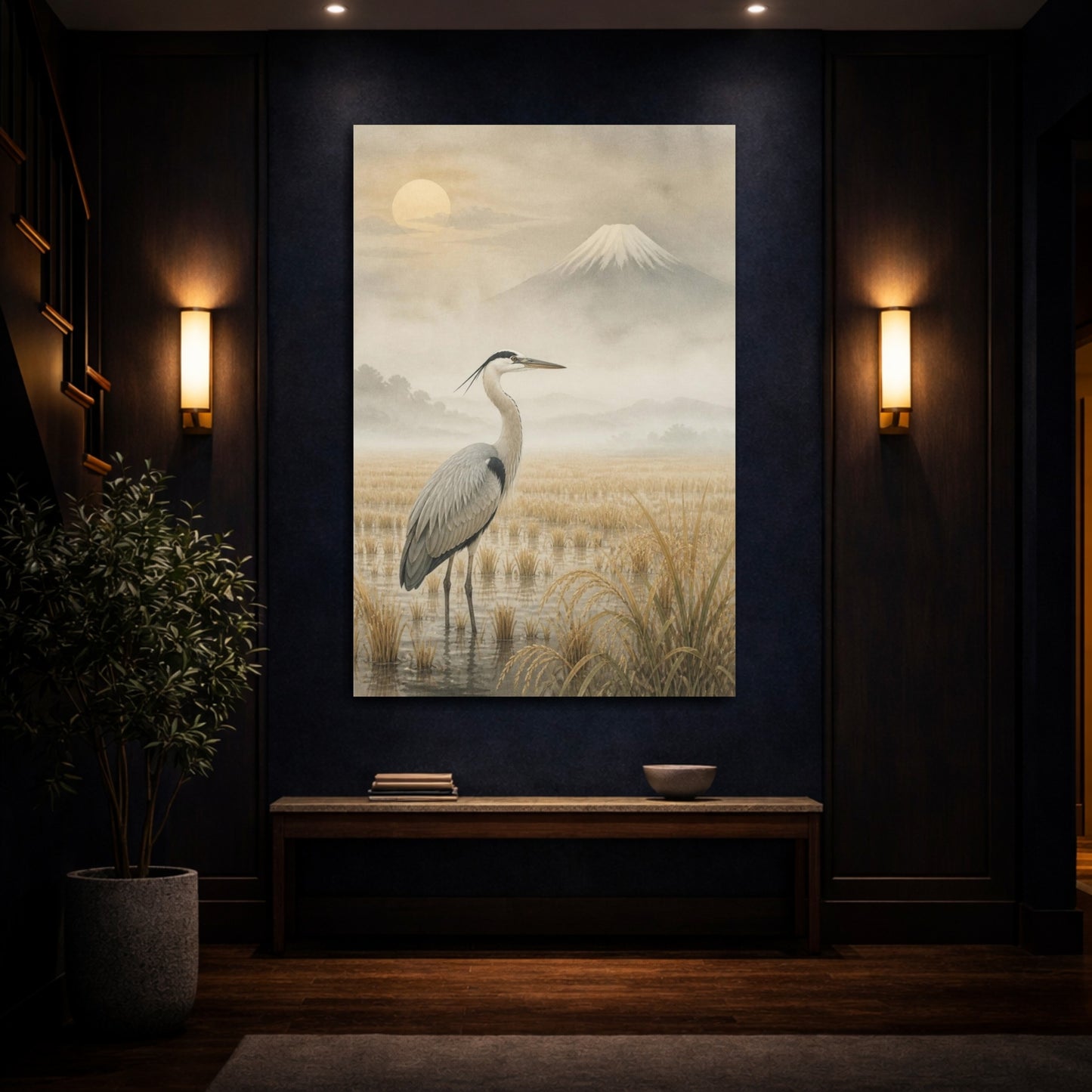 Mockup 4. Japanese Heron In Rice Field shown as canvas print