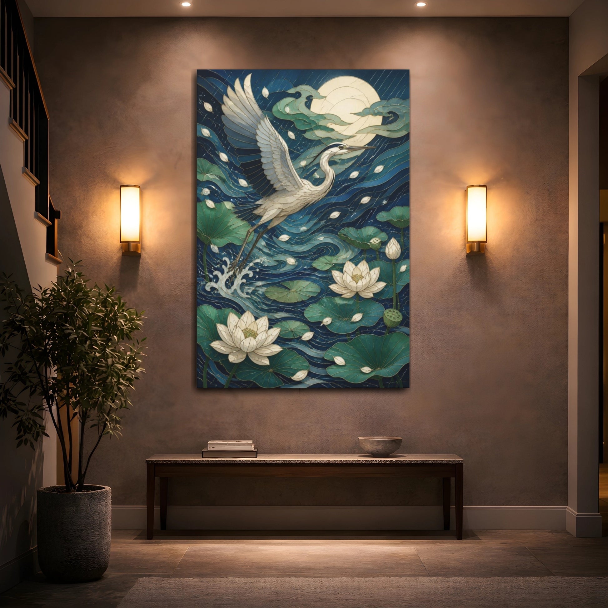 Mockup 2. Japanese Heron Lotus shown as canvas print