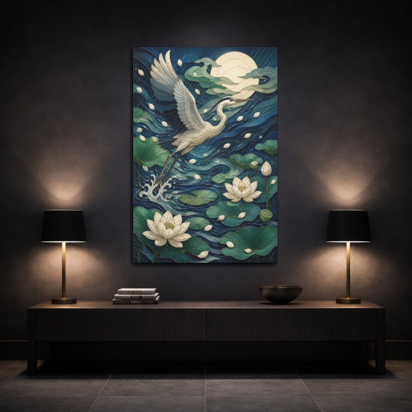 Mockup 3. Japanese Heron Lotus shown as canvas print