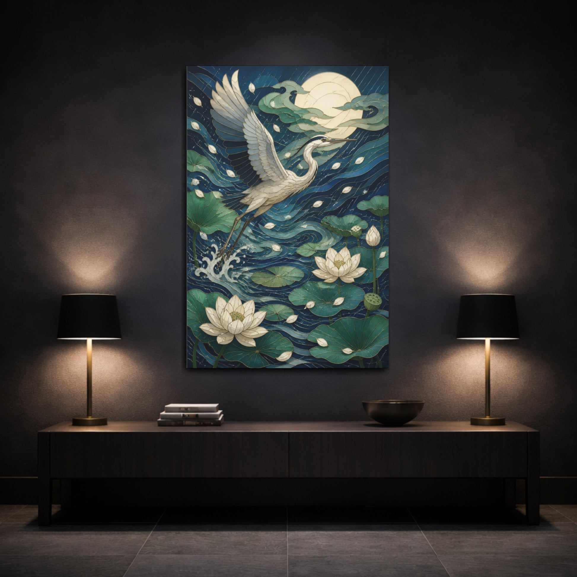 Mockup 3. Japanese Heron Lotus shown as canvas print