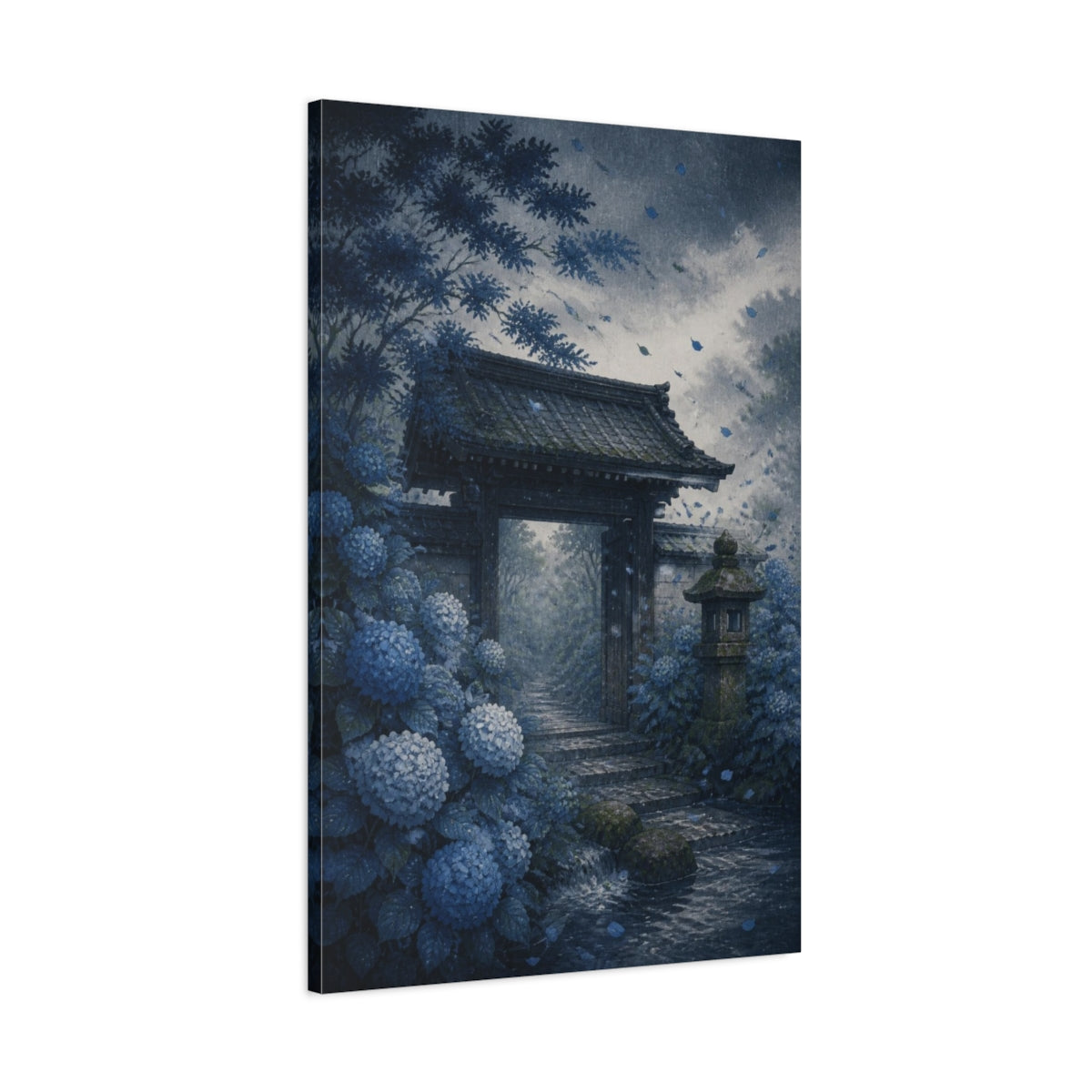 Main Mockup. Japanese Hydrangea Garden Gate shown as canvas print