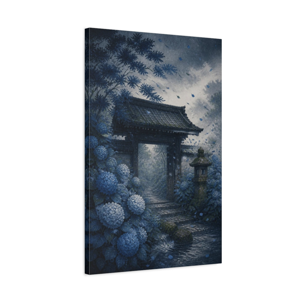 Side Mockup 2. Japanese Hydrangea Garden Gate shown as canvas print