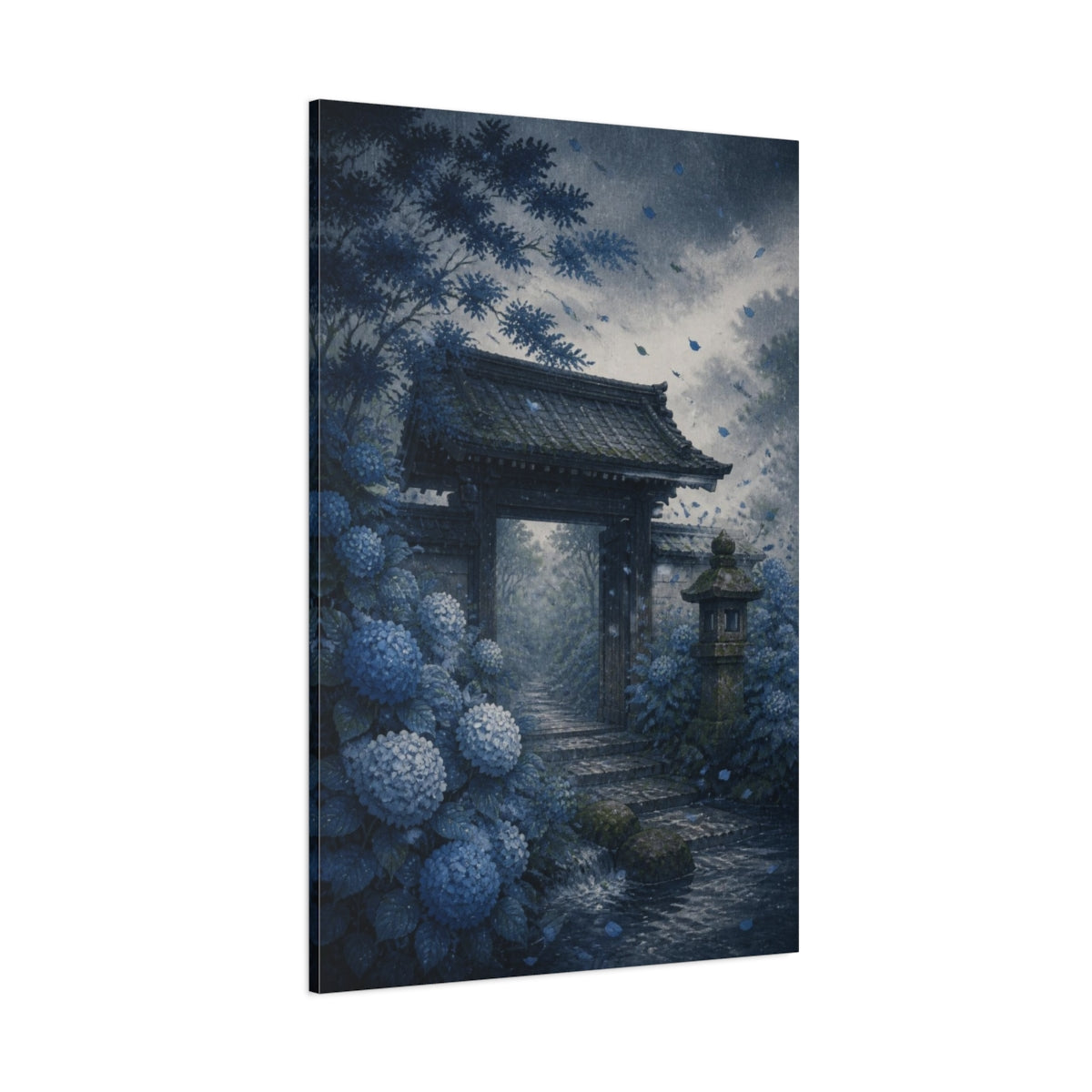Side Mockup 1. Japanese Hydrangea Garden Gate shown as canvas print