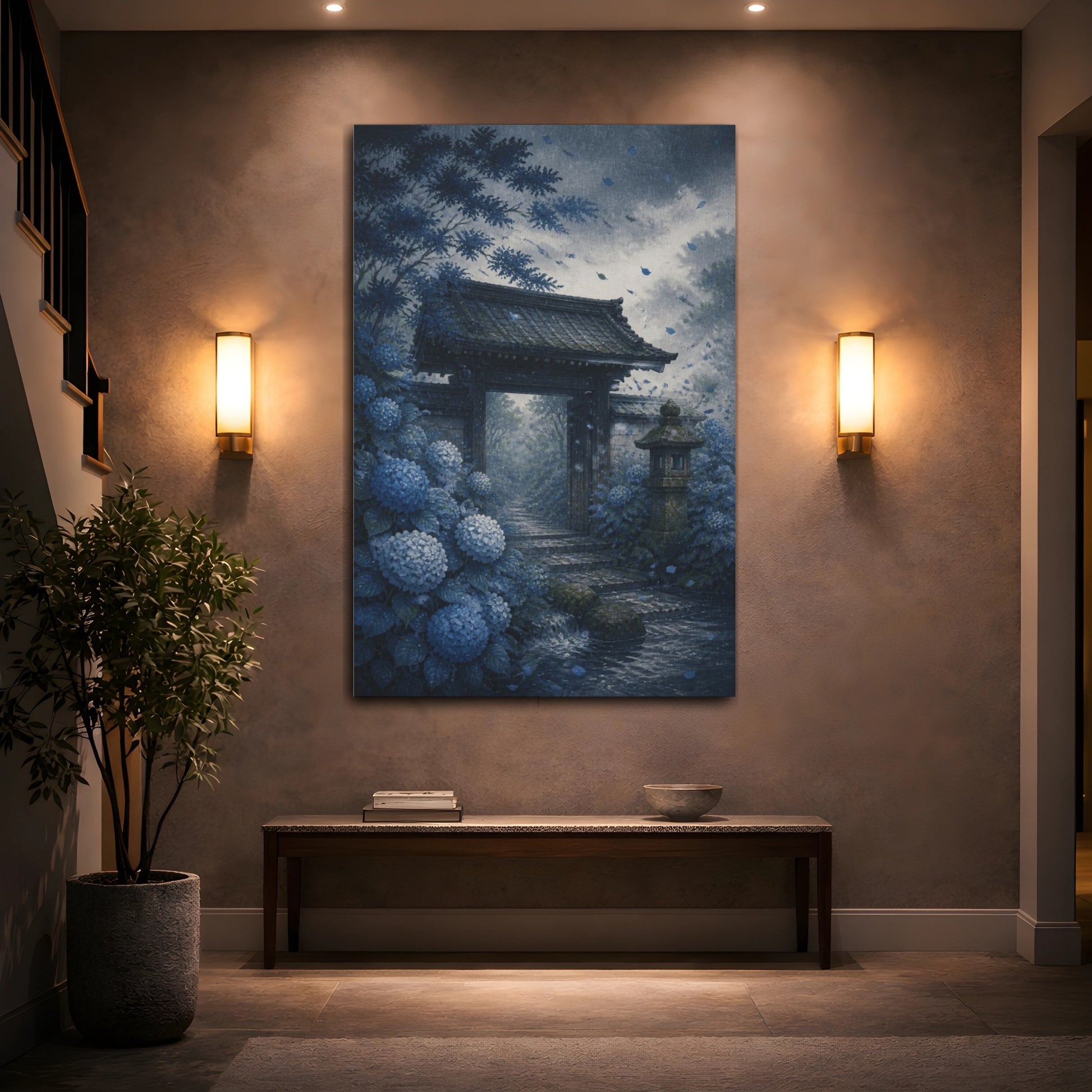 Mockup 2. Japanese Hydrangea Garden Gate shown as canvas print