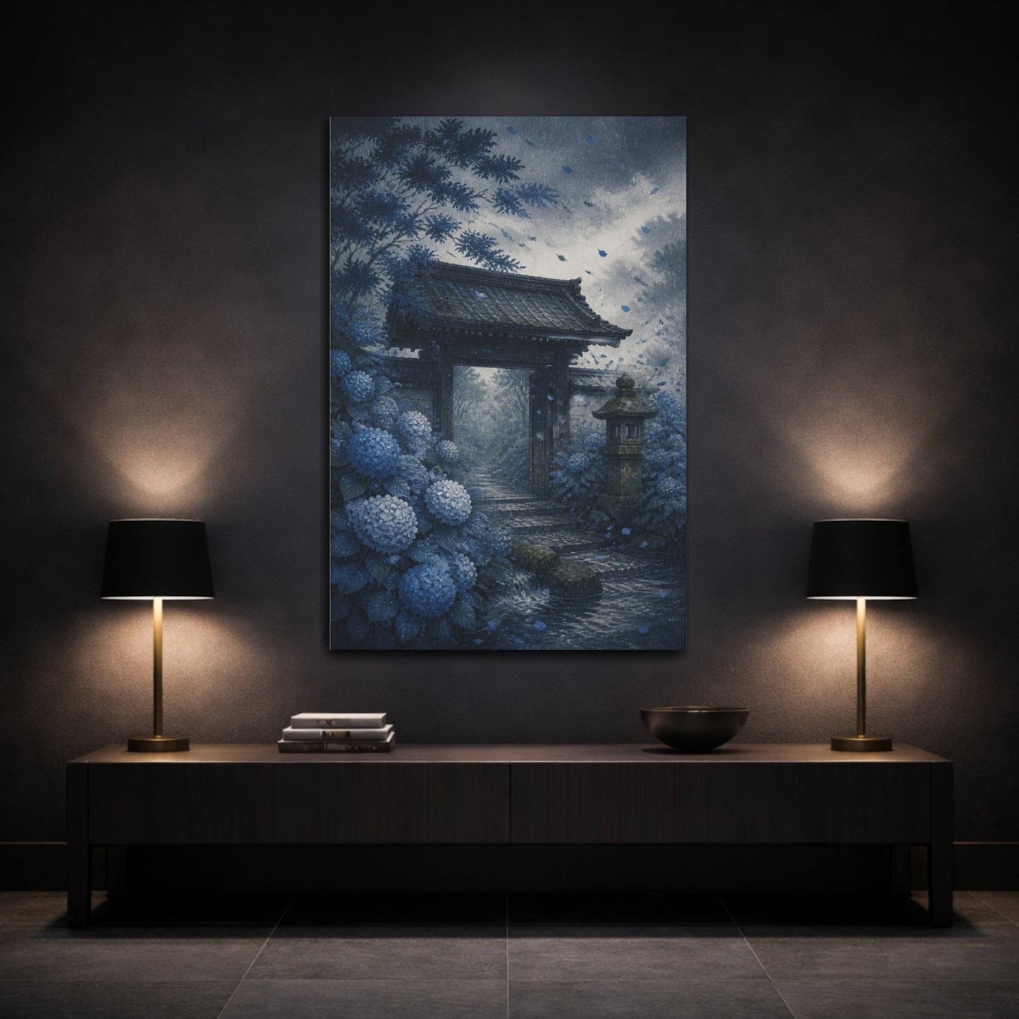 Mockup 3. Japanese Hydrangea Garden Gate shown as canvas print