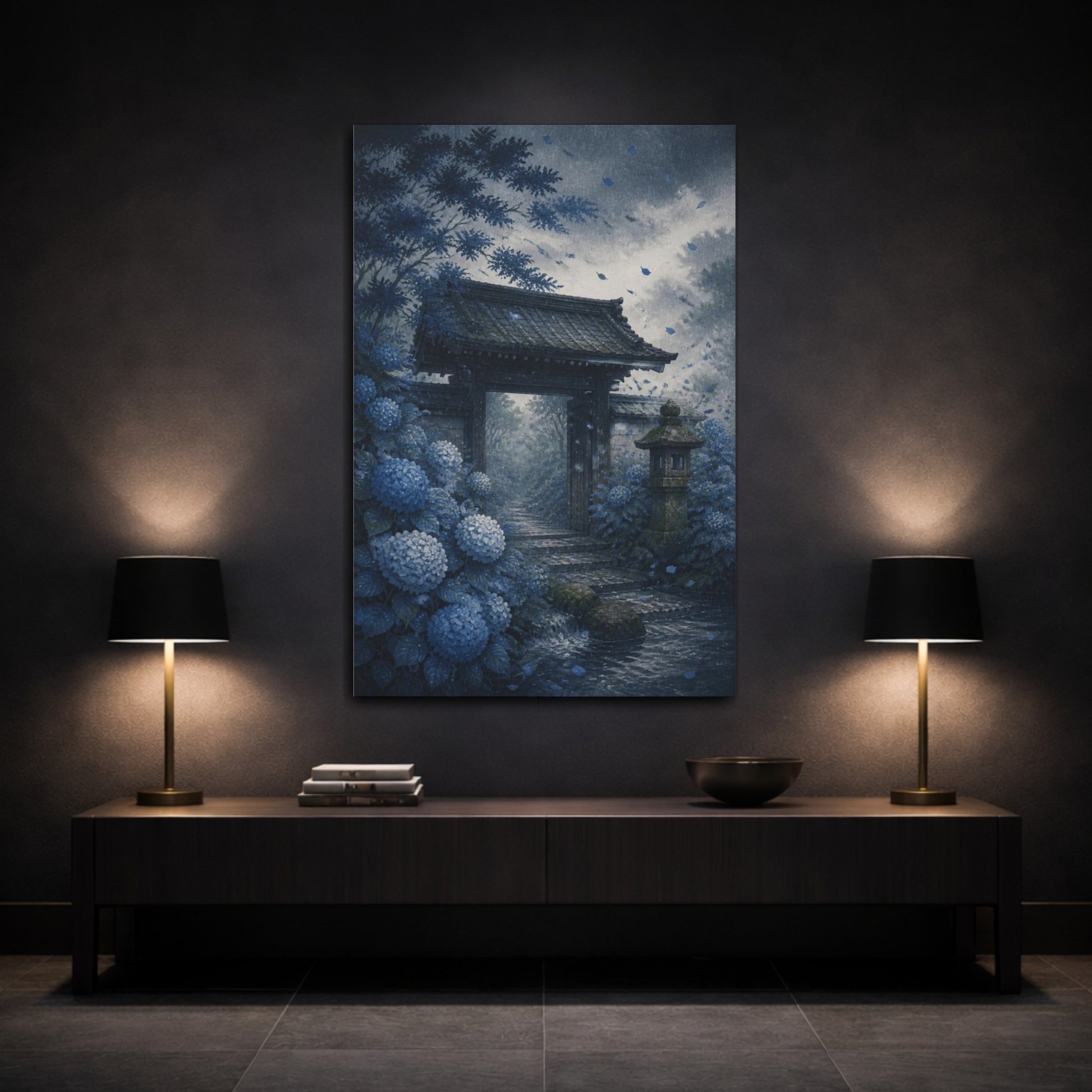 Mockup 3. Japanese Hydrangea Garden Gate shown as canvas print