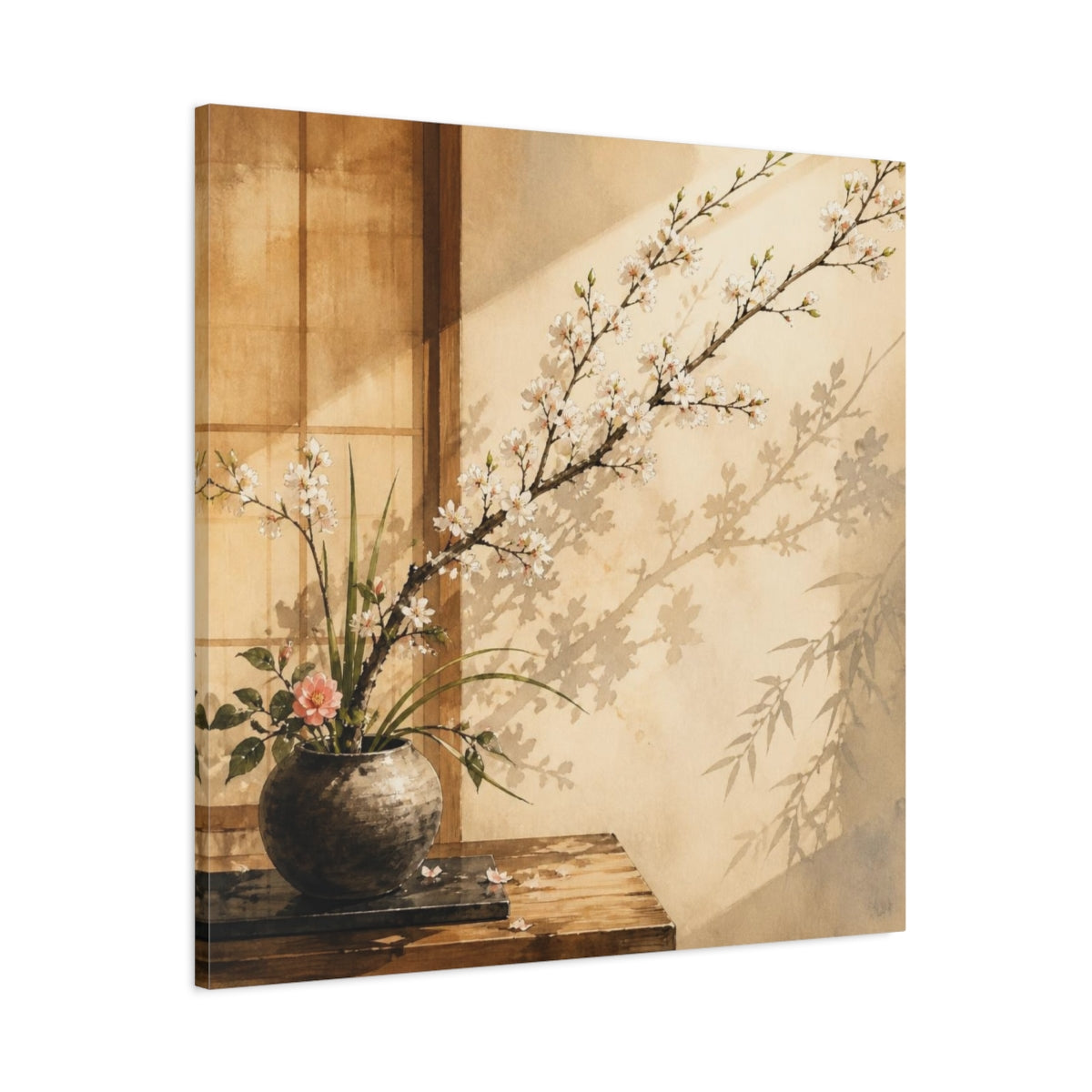Main Mockup. Japanese Ikebana Cherry Branch shown as canvas print