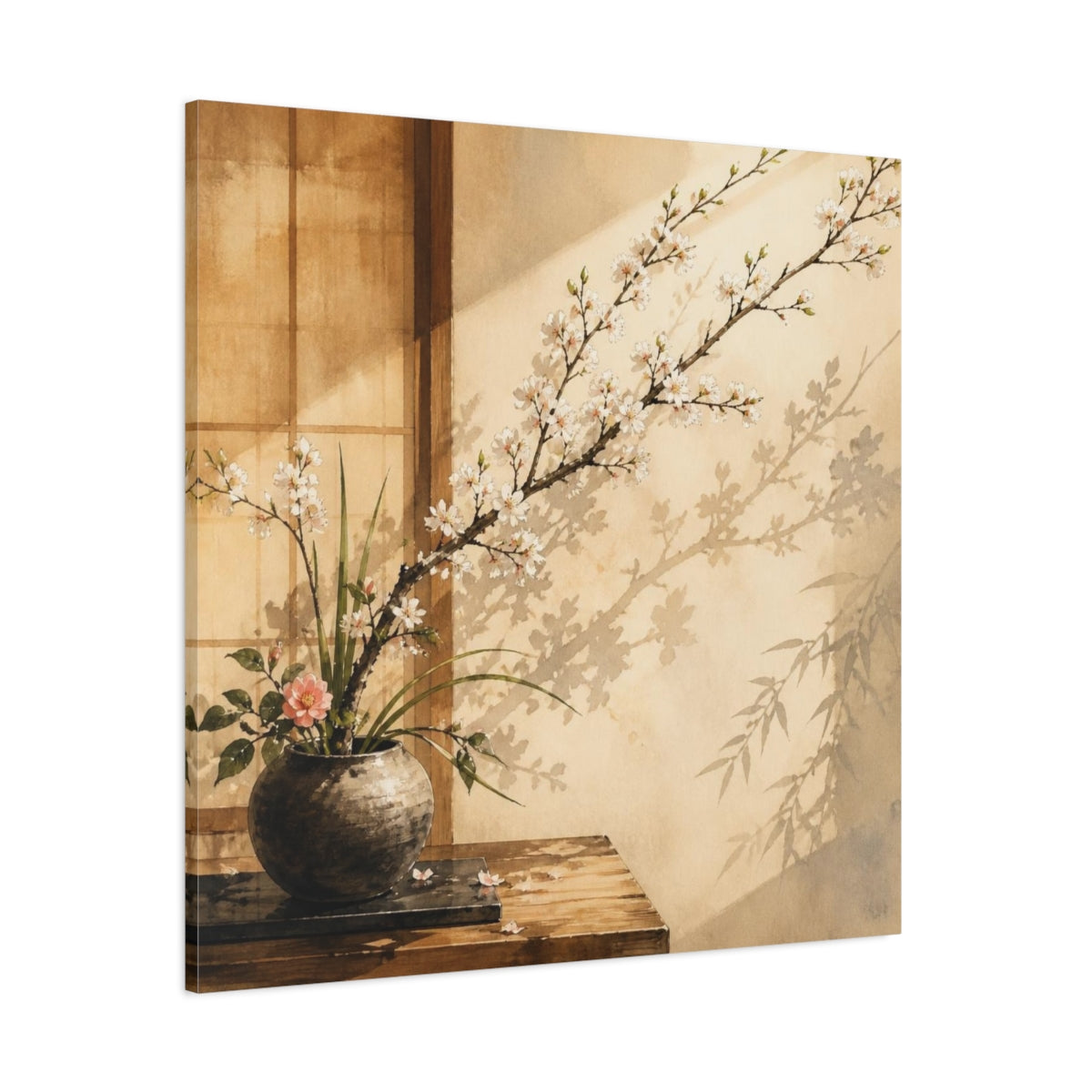 Side Mockup 1. Japanese Ikebana Cherry Branch shown as canvas print