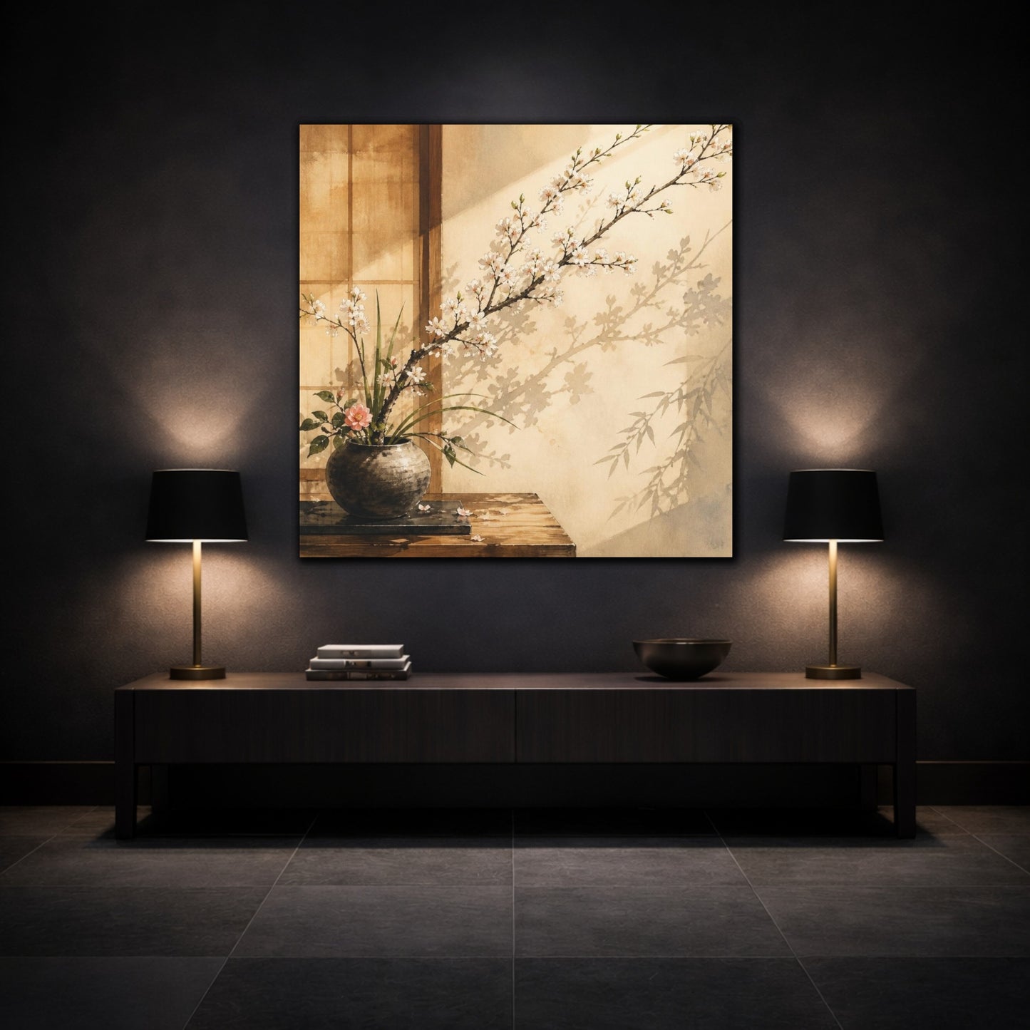 Mockup 3. Japanese Ikebana Cherry Branch shown as canvas print