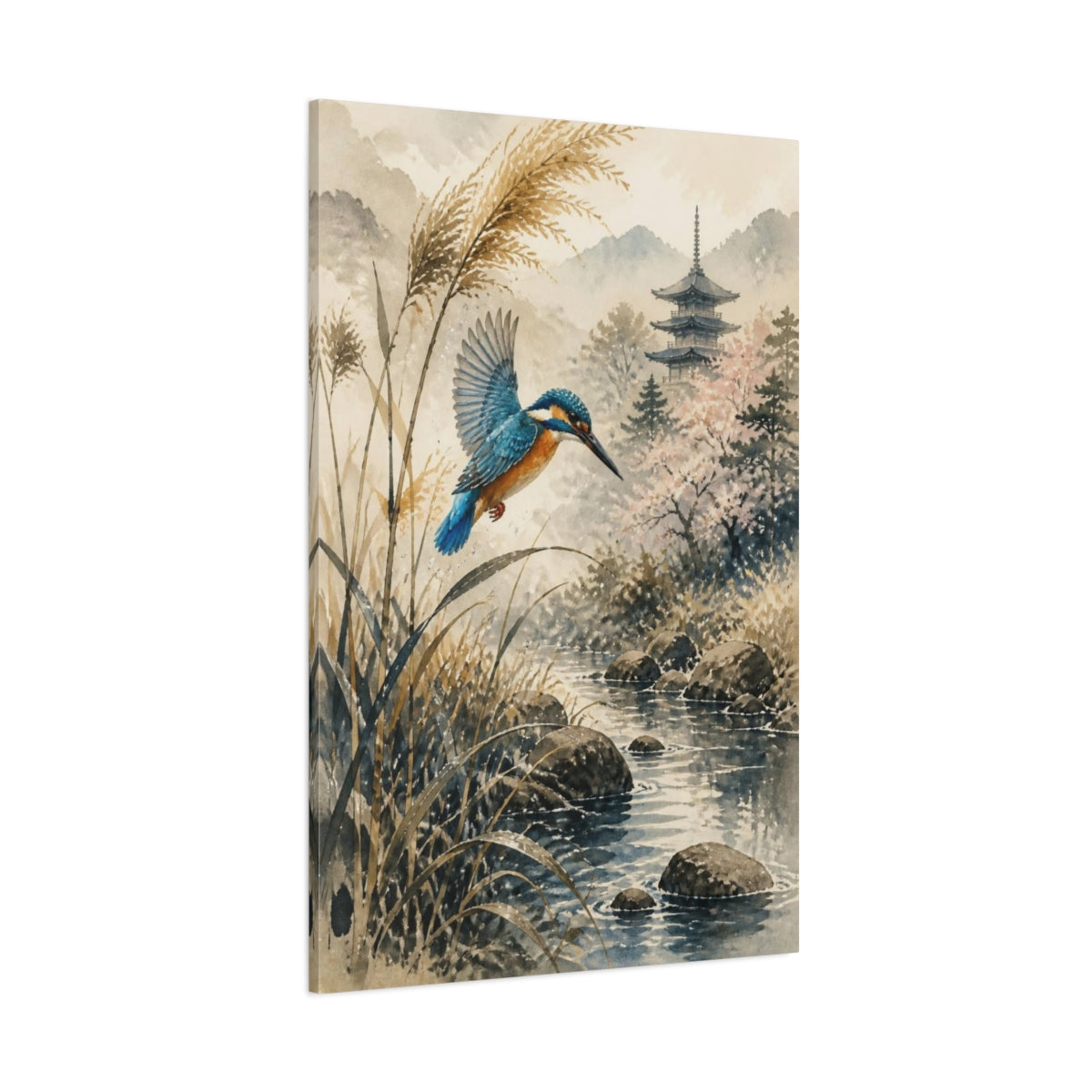 Side Mockup 1. Japanese Kingfisher Over Stream shown as canvas print
