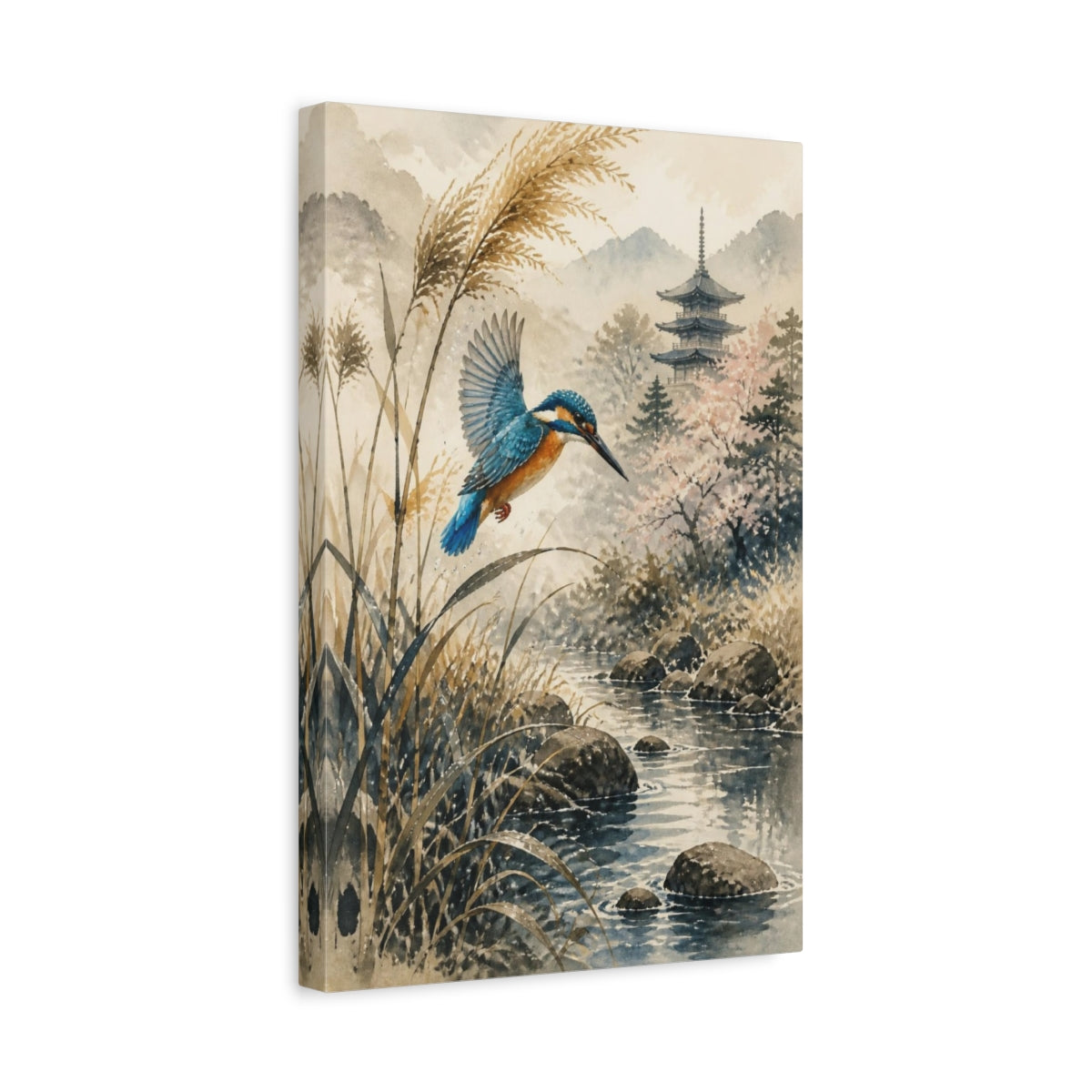 Side Mockup 4. Japanese Kingfisher Over Stream shown as canvas print