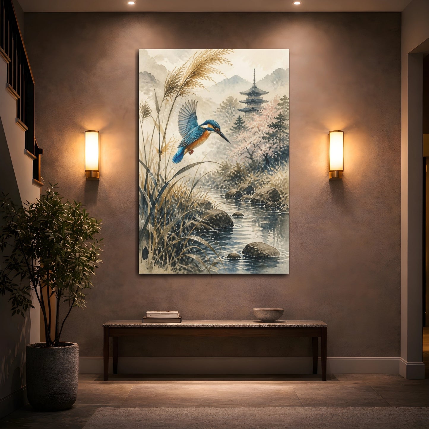 Mockup 2. Japanese Kingfisher Over Stream shown as canvas print