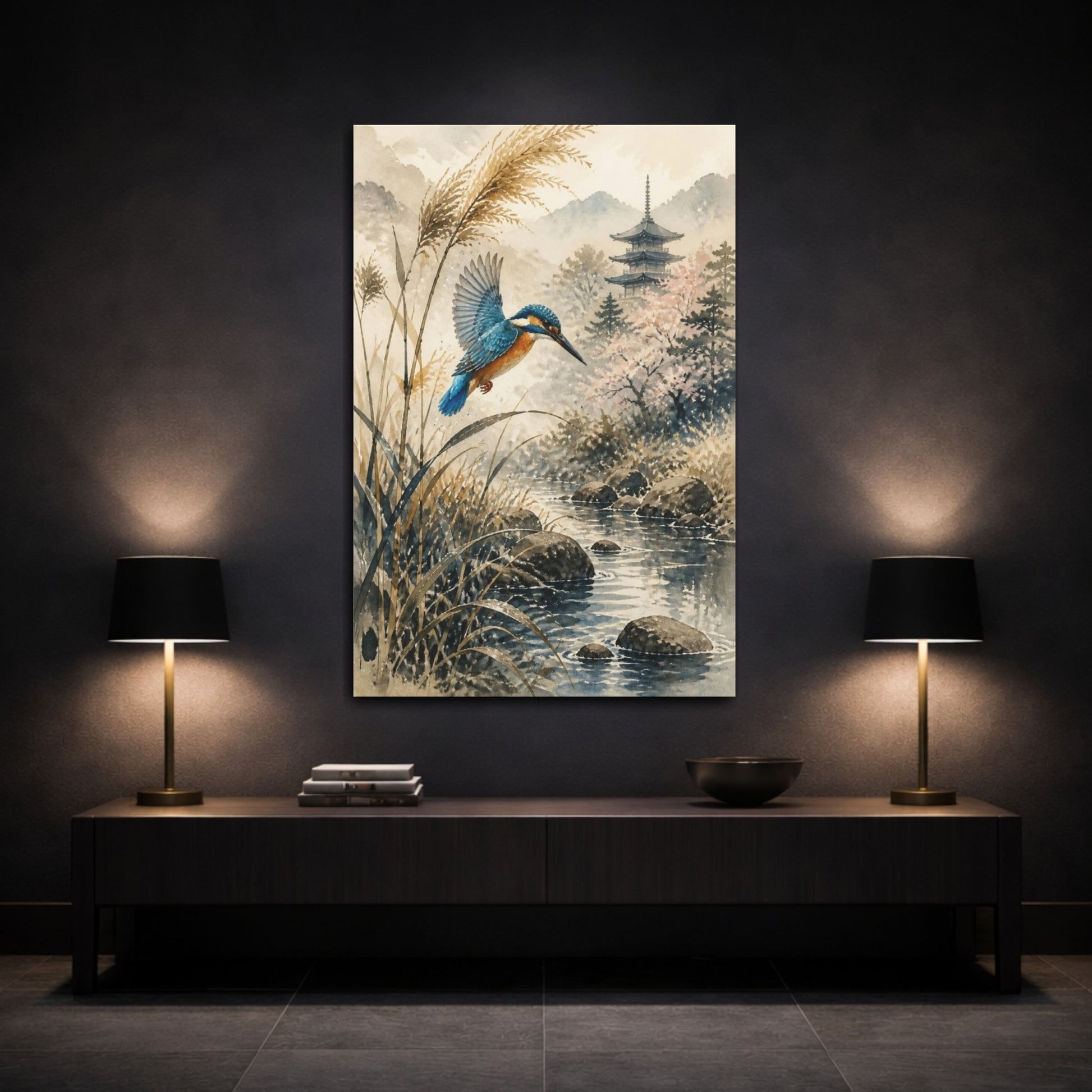 Mockup 3. Japanese Kingfisher Over Stream shown as canvas print