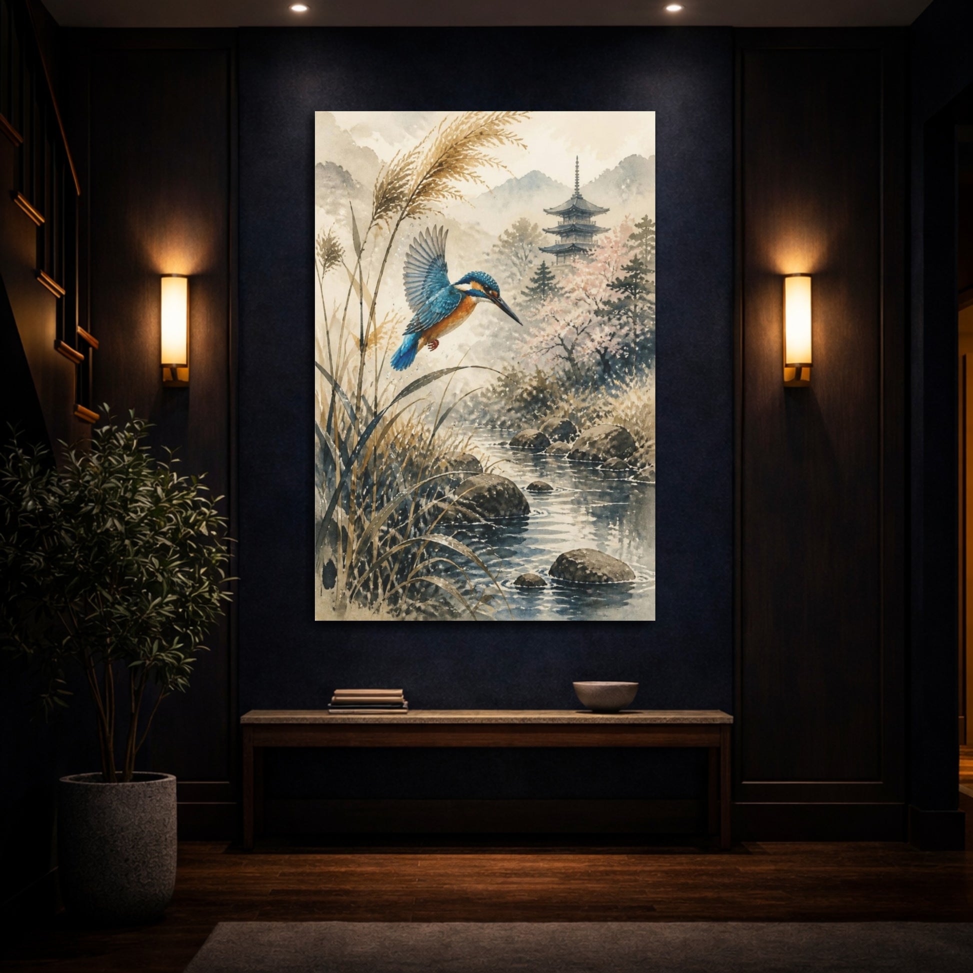 Mockup 4. Japanese Kingfisher Over Stream shown as canvas print