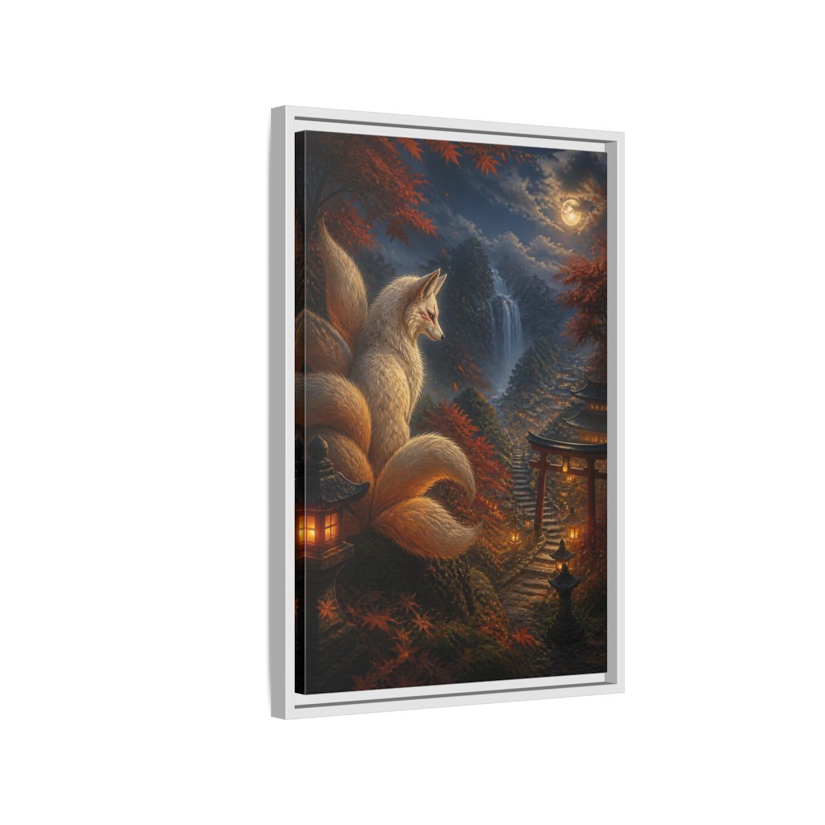 Side Mockup 1. Japanese Kitsune Lantern Guardian shown as framed canvas print