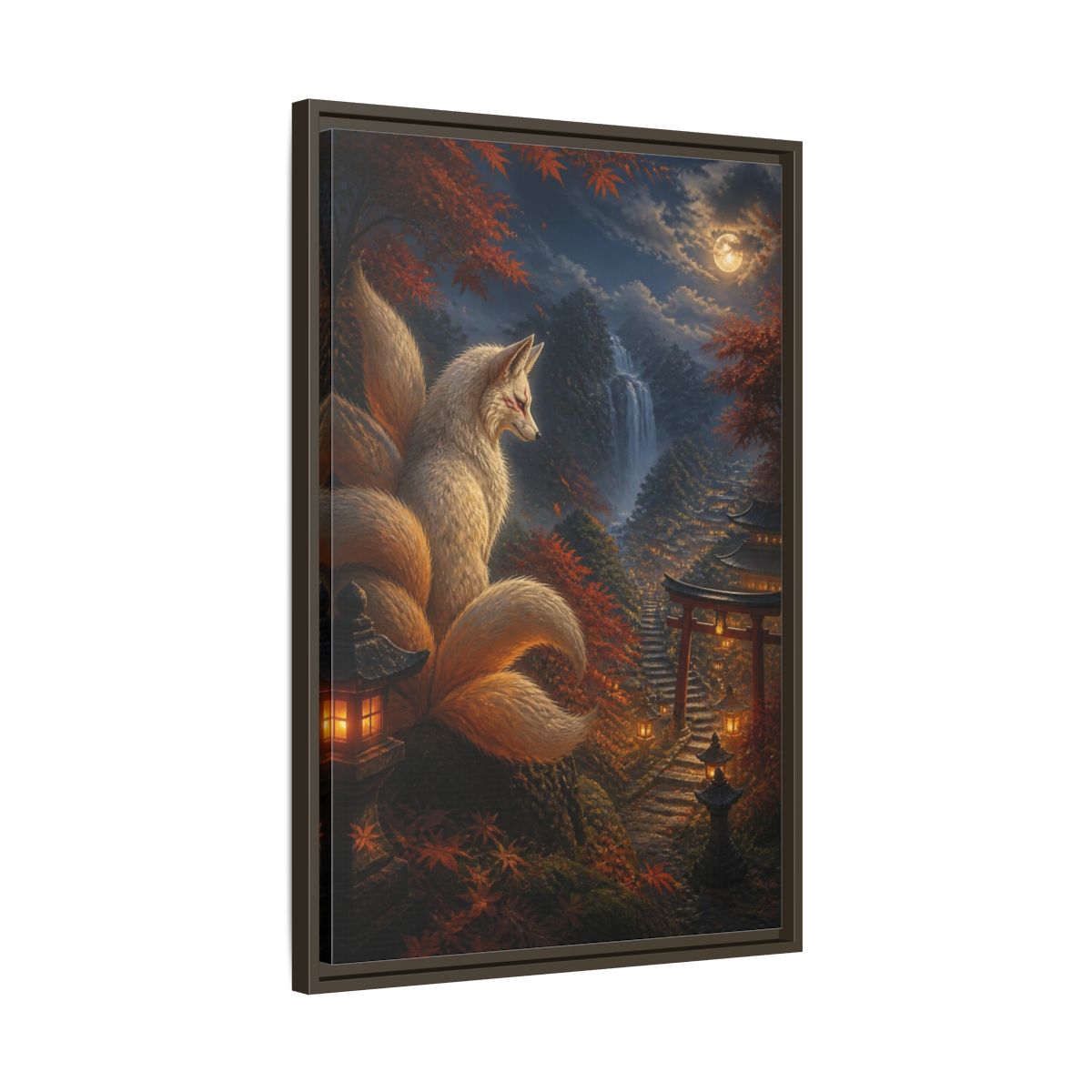 Side Mockup 11. Japanese Kitsune Lantern Guardian shown as framed canvas print