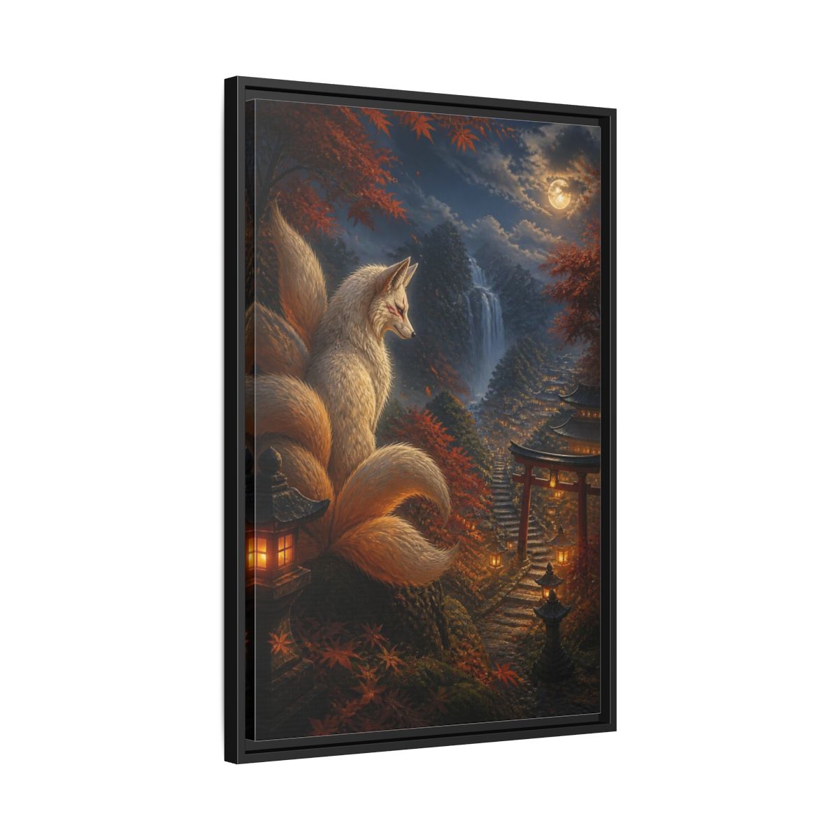 Side Mockup 14. Japanese Kitsune Lantern Guardian shown as framed canvas print