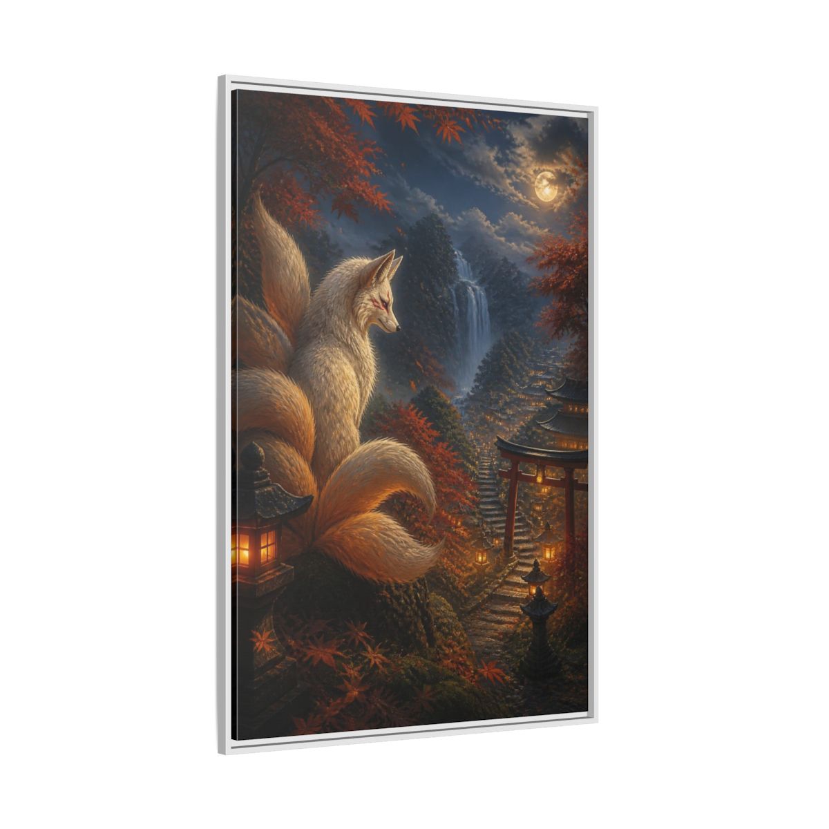 Side Mockup 7. Japanese Kitsune Lantern Guardian shown as framed canvas print