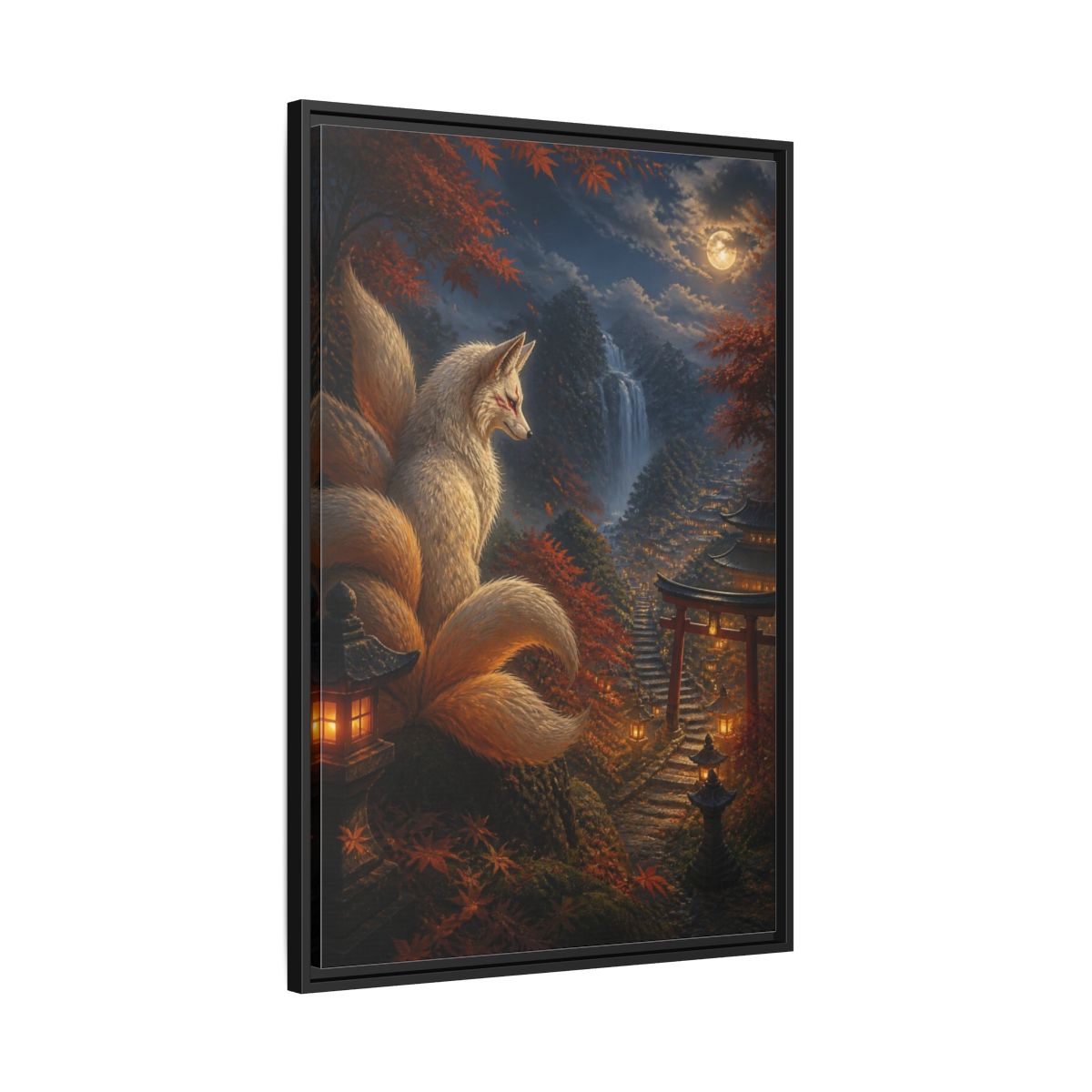 Side Mockup 13. Japanese Kitsune Lantern Guardian shown as framed canvas print