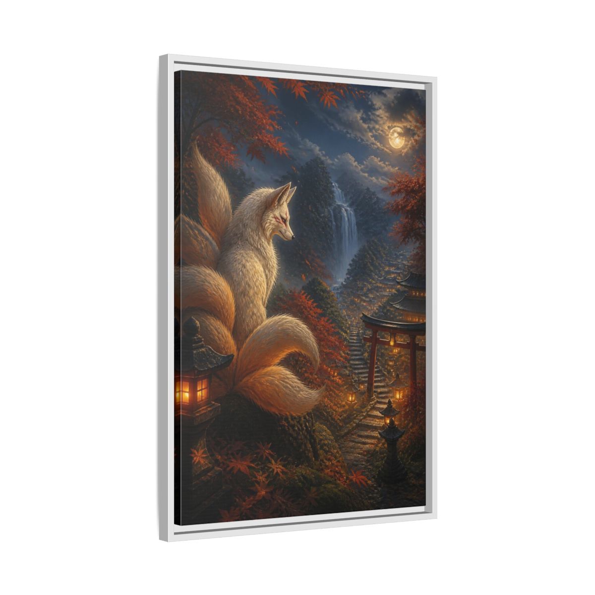 Side Mockup 10. Japanese Kitsune Lantern Guardian shown as framed canvas print