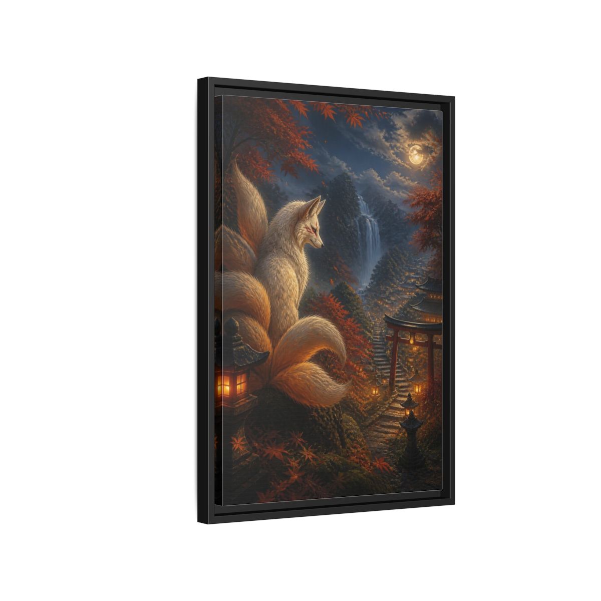 Side Mockup 3. Japanese Kitsune Lantern Guardian shown as framed canvas print