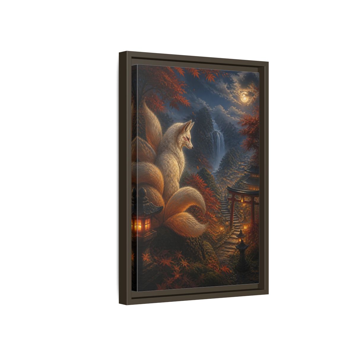 Side Mockup 5. Japanese Kitsune Lantern Guardian shown as framed canvas print