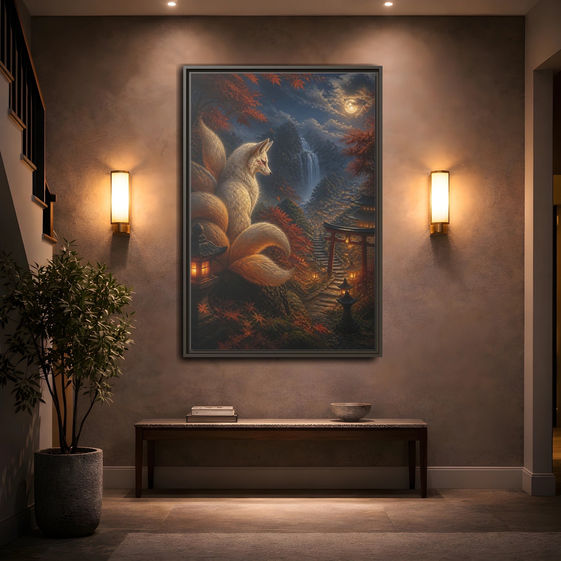 Mockup 2. Japanese Kitsune Lantern Guardian shown as framed canvas print