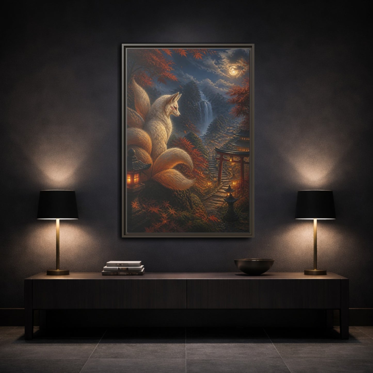 Mockup 3. Japanese Kitsune Lantern Guardian shown as framed canvas print