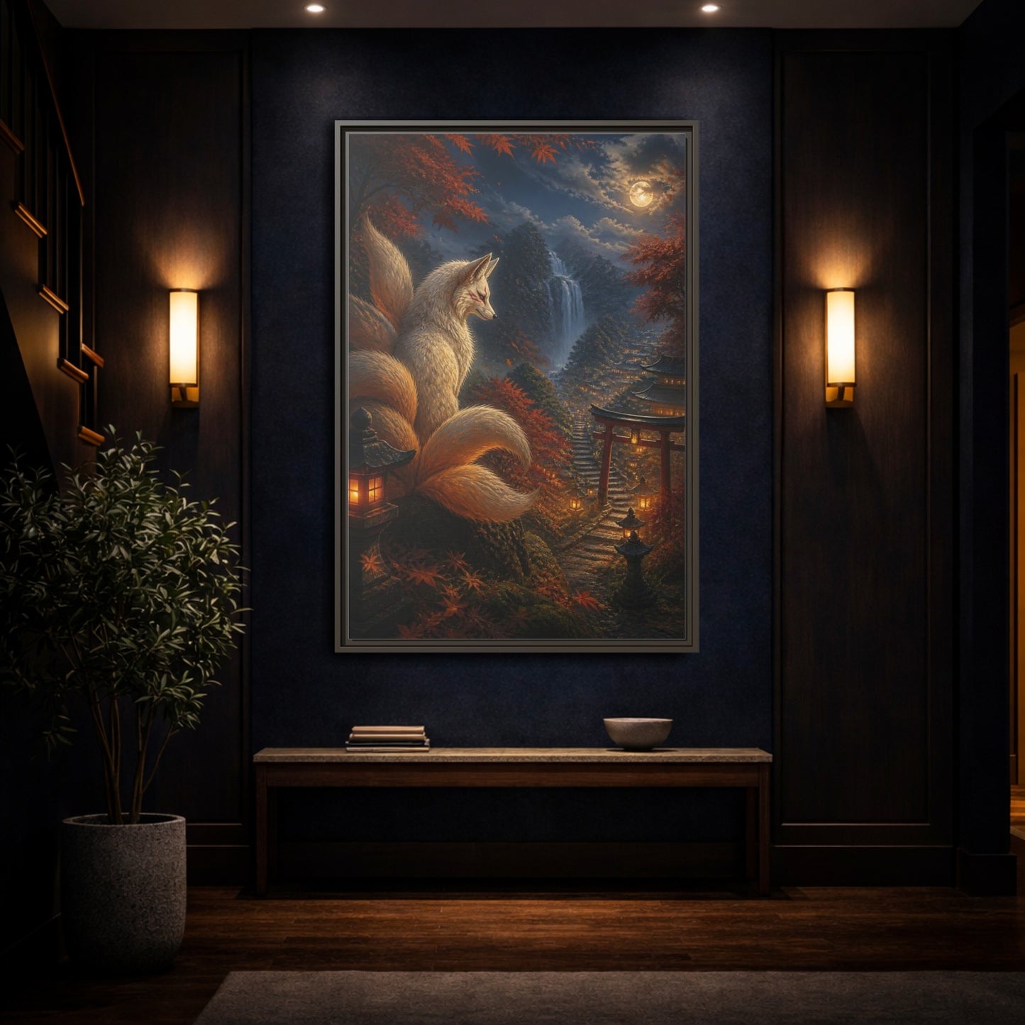 Mockup 4. Japanese Kitsune Lantern Guardian shown as framed canvas print