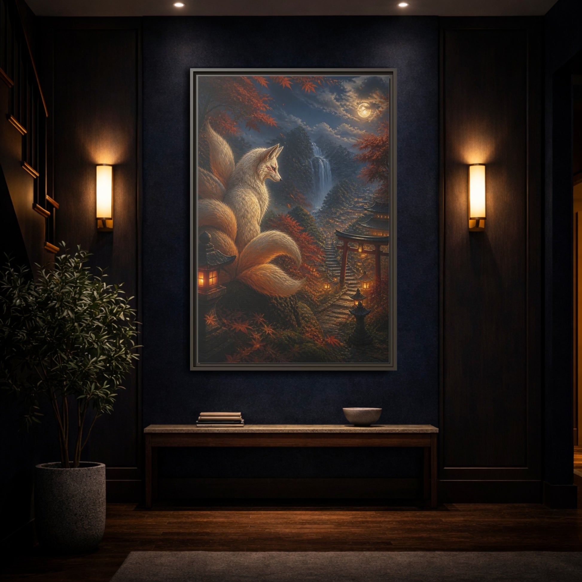 Mockup 4. Japanese Kitsune Lantern Guardian shown as framed canvas print