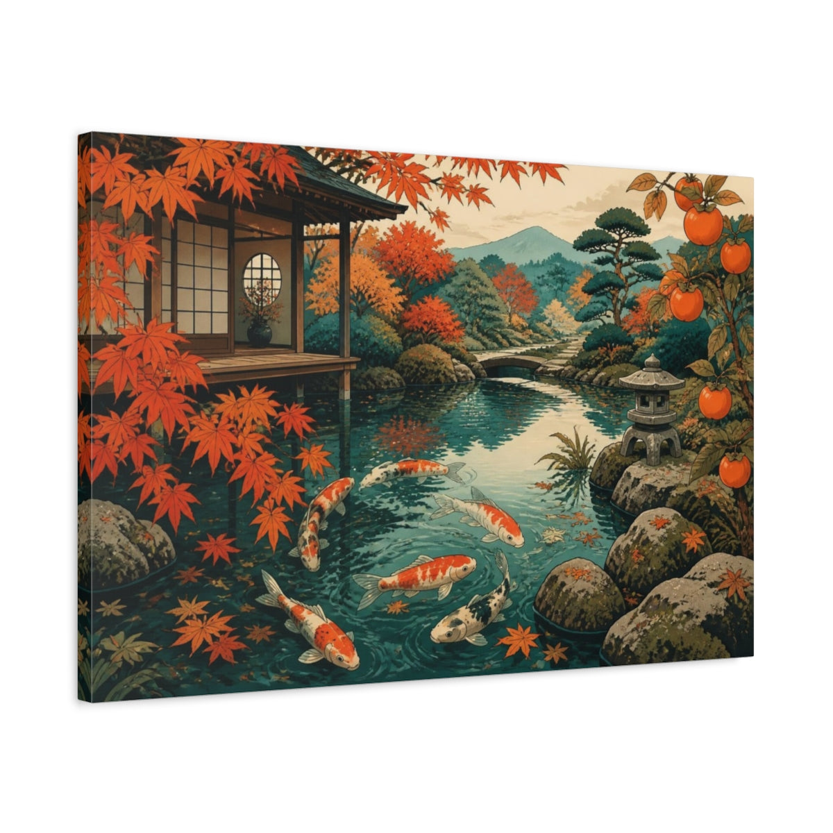 Side Mockup 2. Japanese Koi Pond shown as canvas print