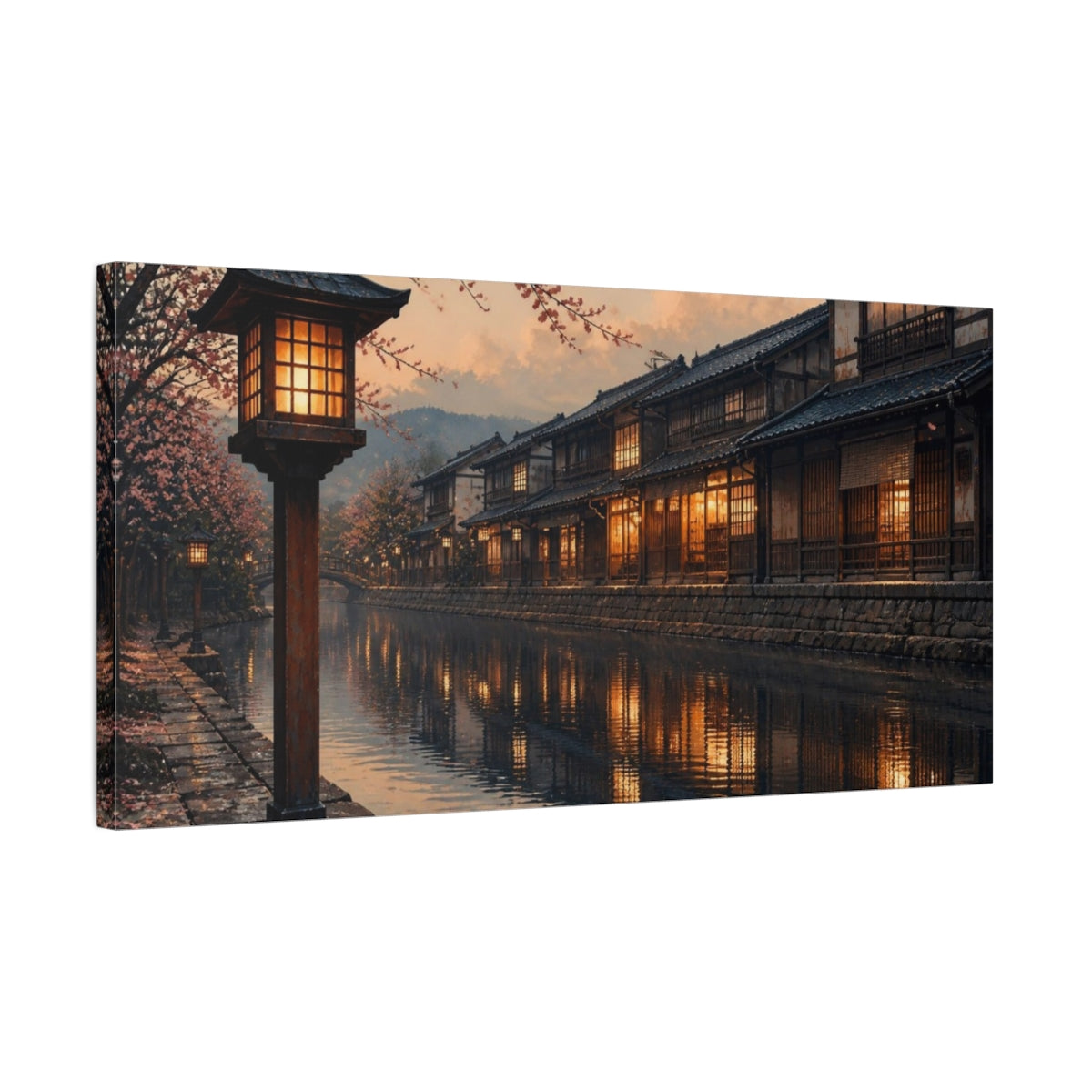 Side Mockup 1. Japanese Lanterns On Canal shown as canvas print