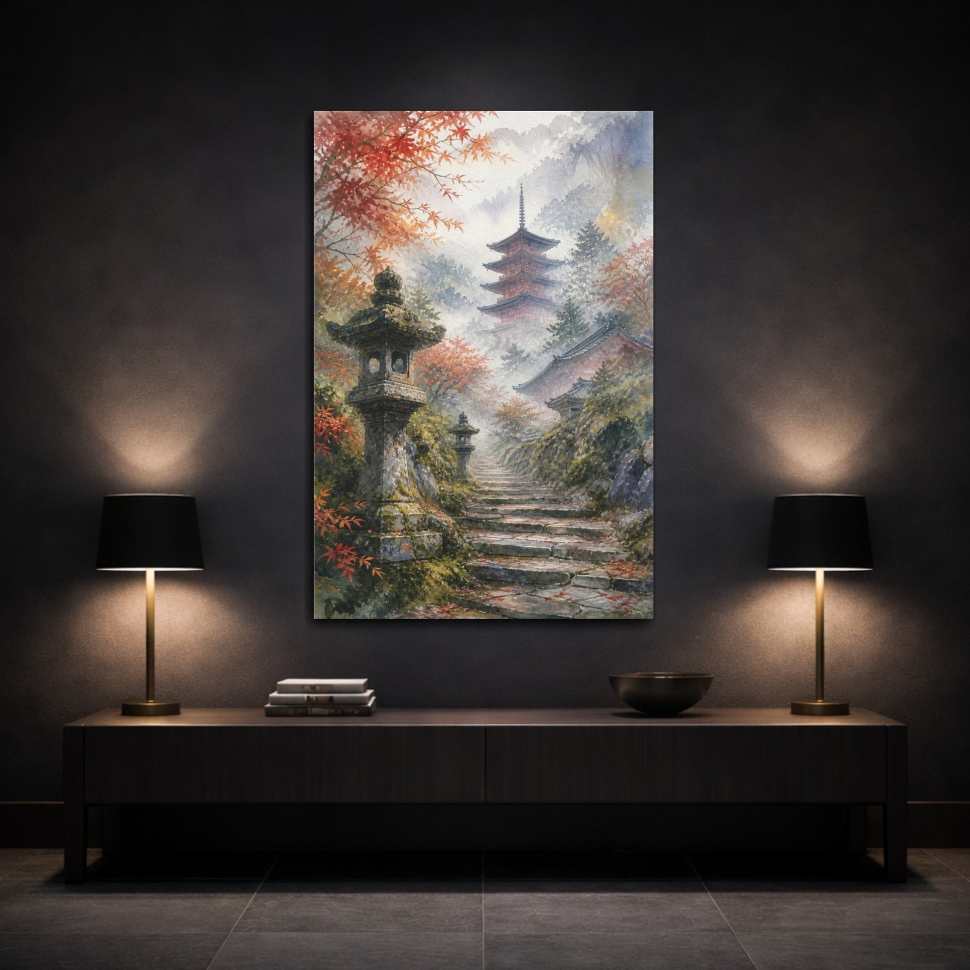 Mockup 3. Japanese Misty Pagoda shown as canvas print