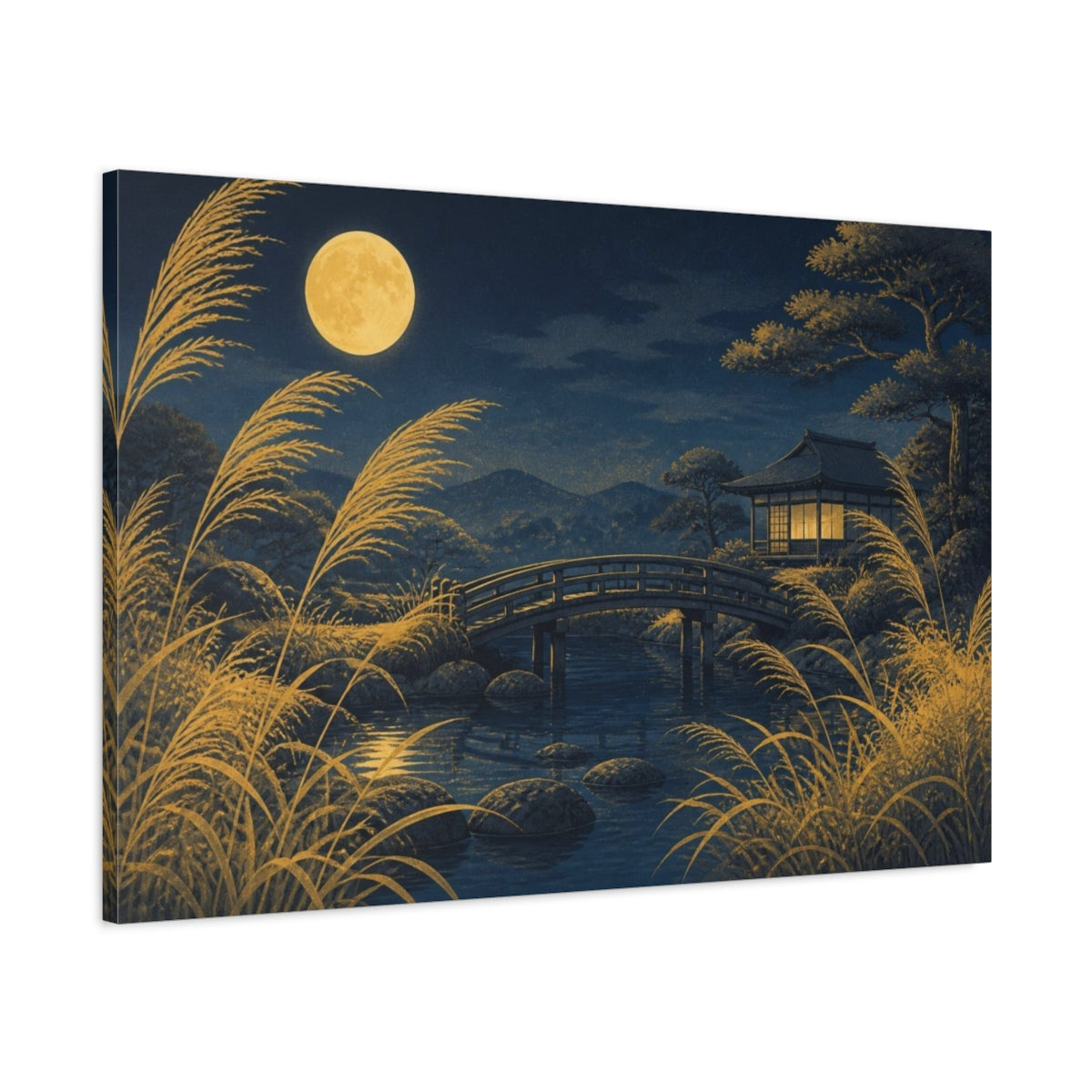 Main Mockup. Japanese Moonlit Bridge shown as canvas print