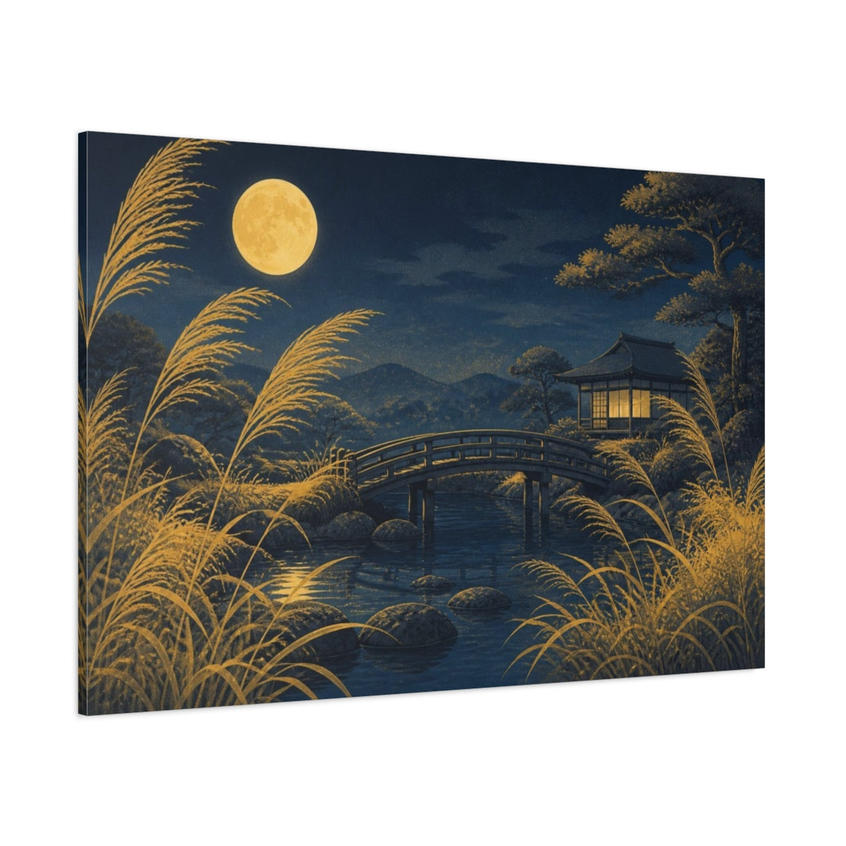 Side Mockup 1. Japanese Moonlit Bridge shown as canvas print