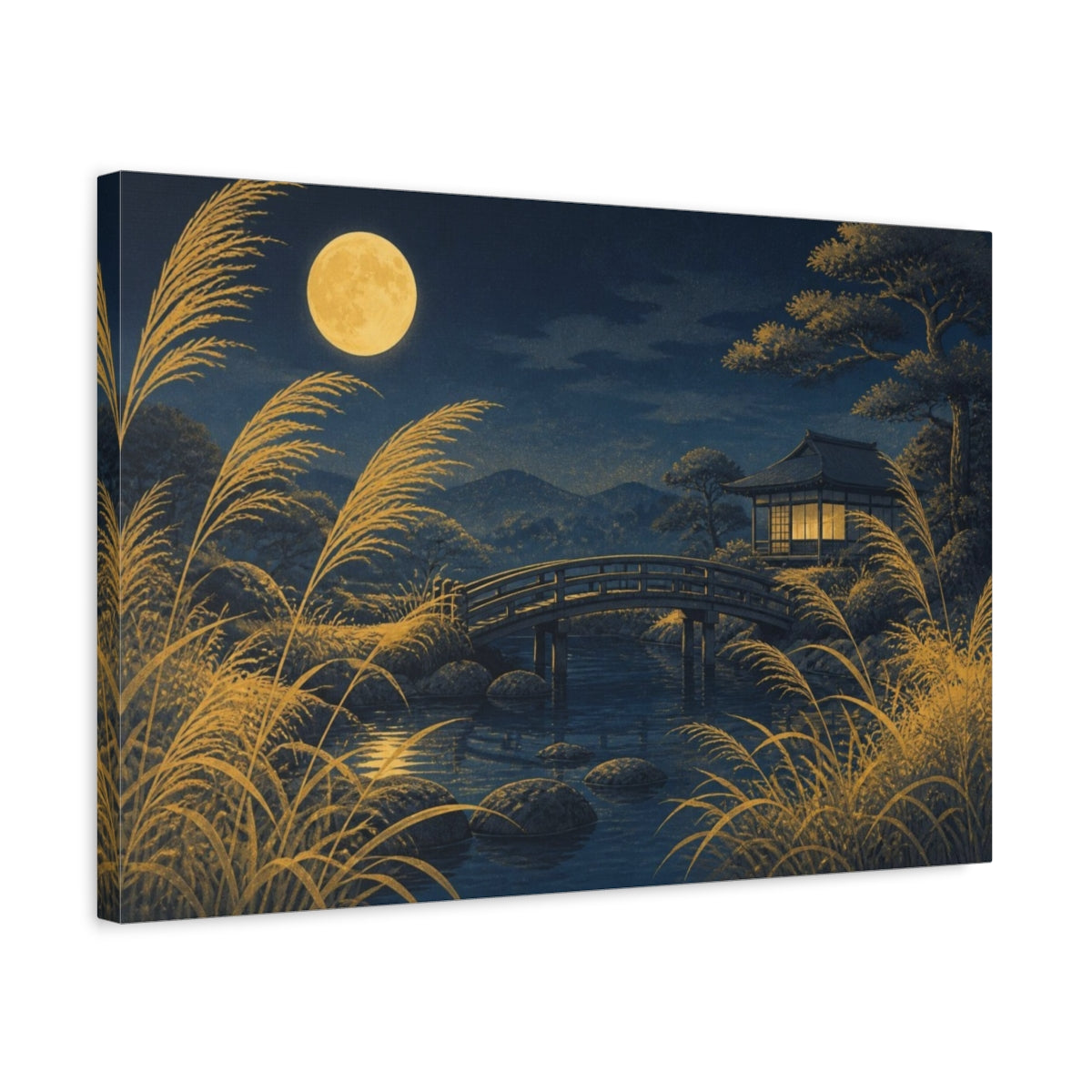 Side Mockup 3. Japanese Moonlit Bridge shown as canvas print