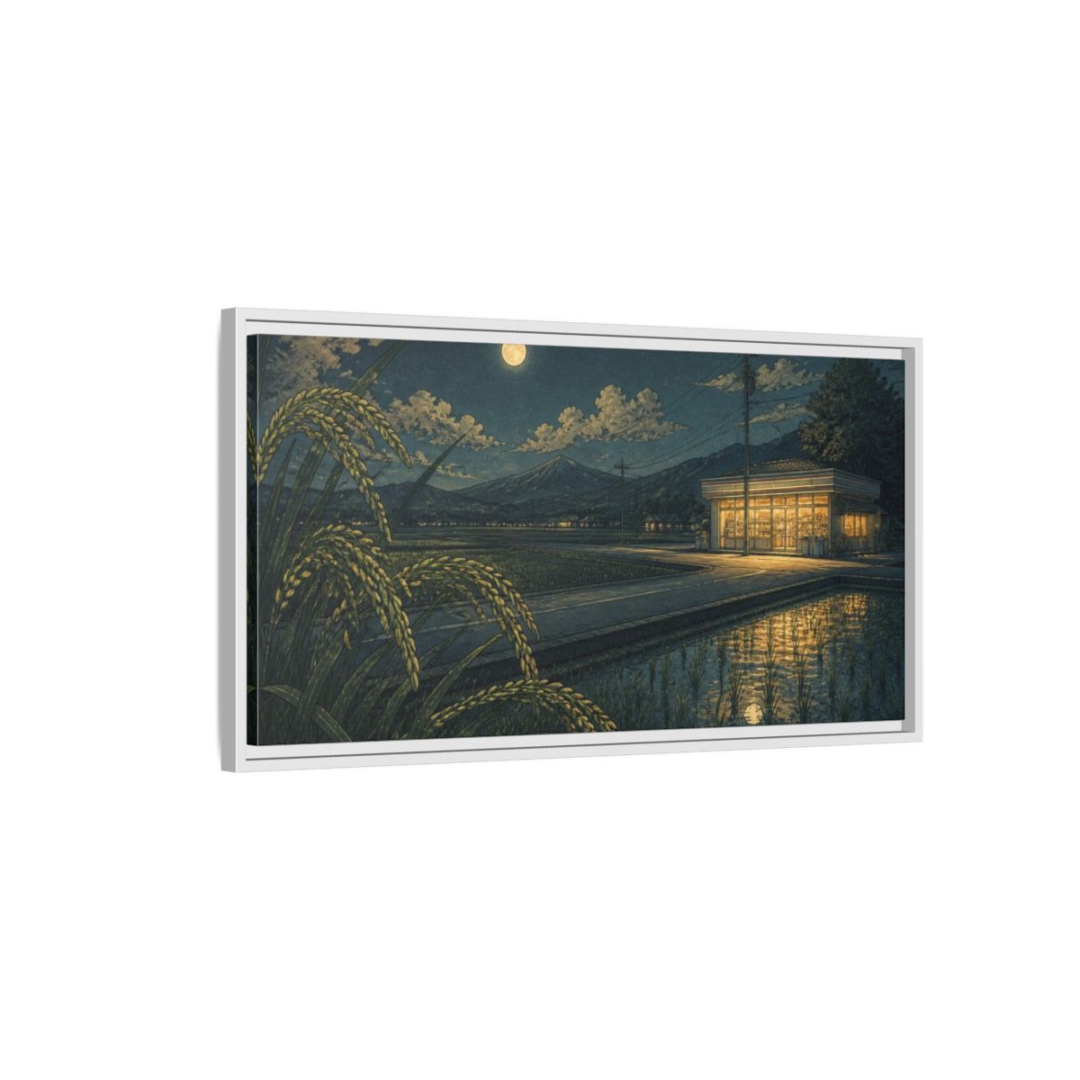 Side Mockup 1. Japanese Moonlit Convenience Store shown as framed canvas print