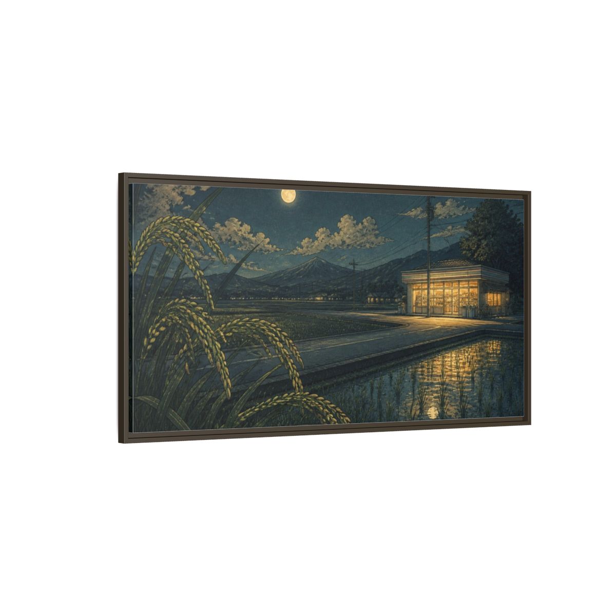 Side Mockup 4. Japanese Moonlit Convenience Store shown as framed canvas print