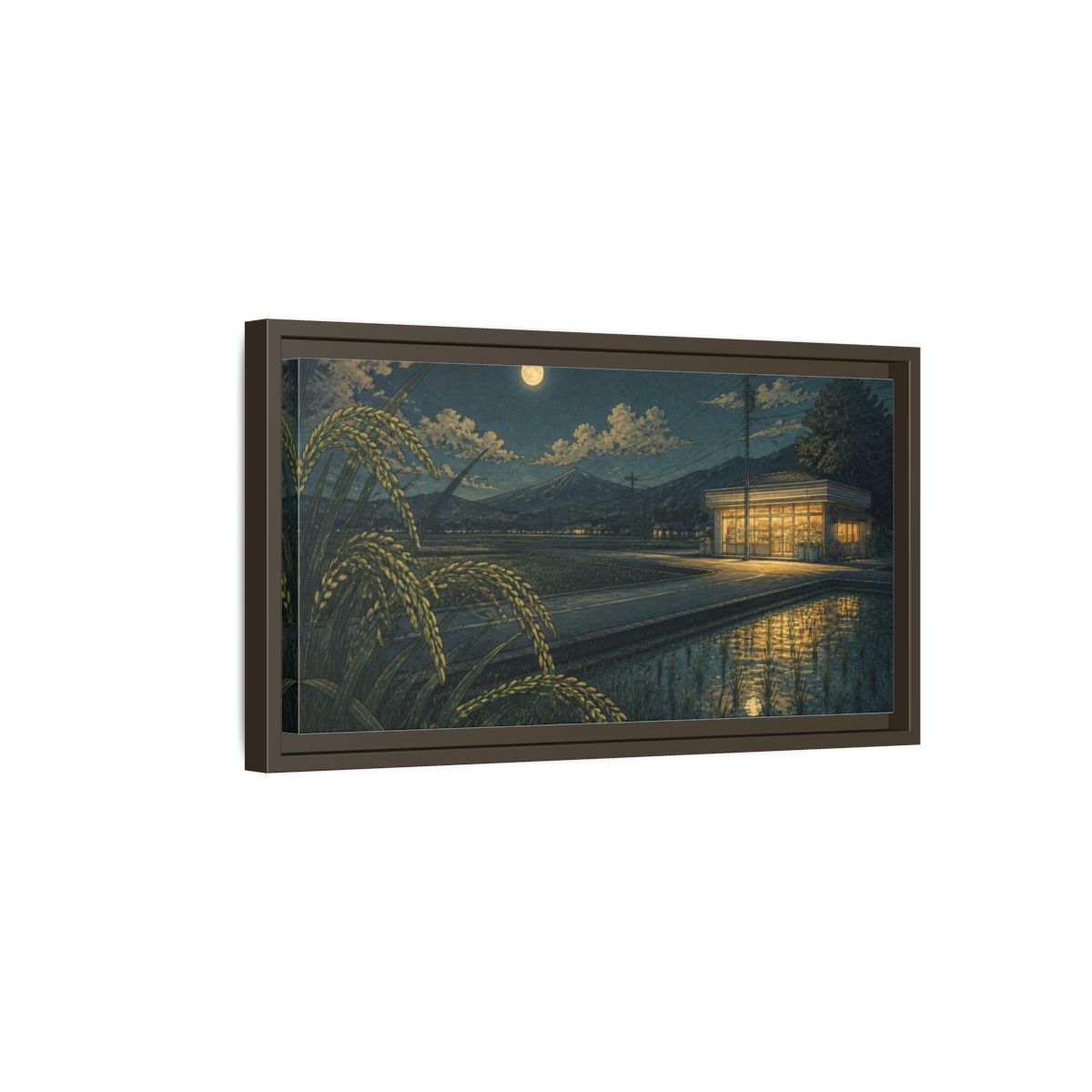 Side Mockup 7. Japanese Moonlit Convenience Store shown as framed canvas print