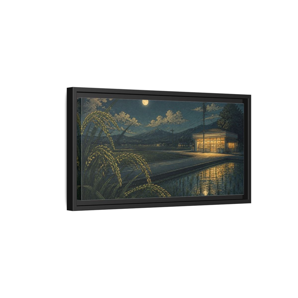 Side Mockup 8. Japanese Moonlit Convenience Store shown as framed canvas print