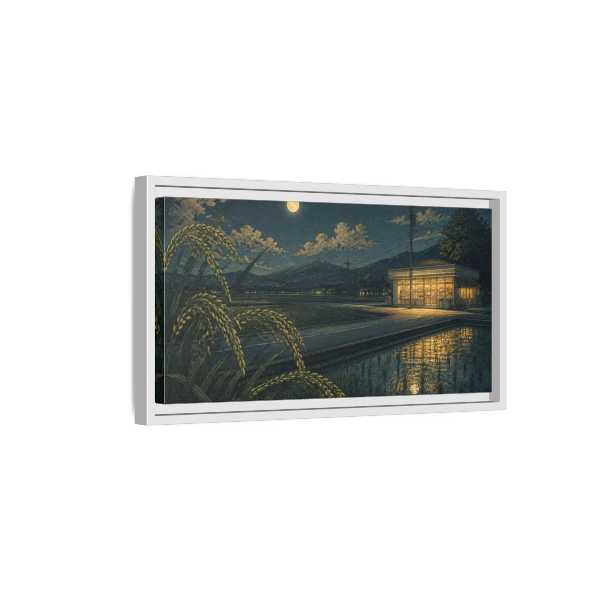 Side Mockup 6. Japanese Moonlit Convenience Store shown as framed canvas print