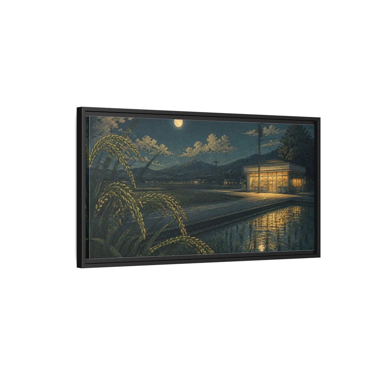 Side Mockup 2. Japanese Moonlit Convenience Store shown as framed canvas print