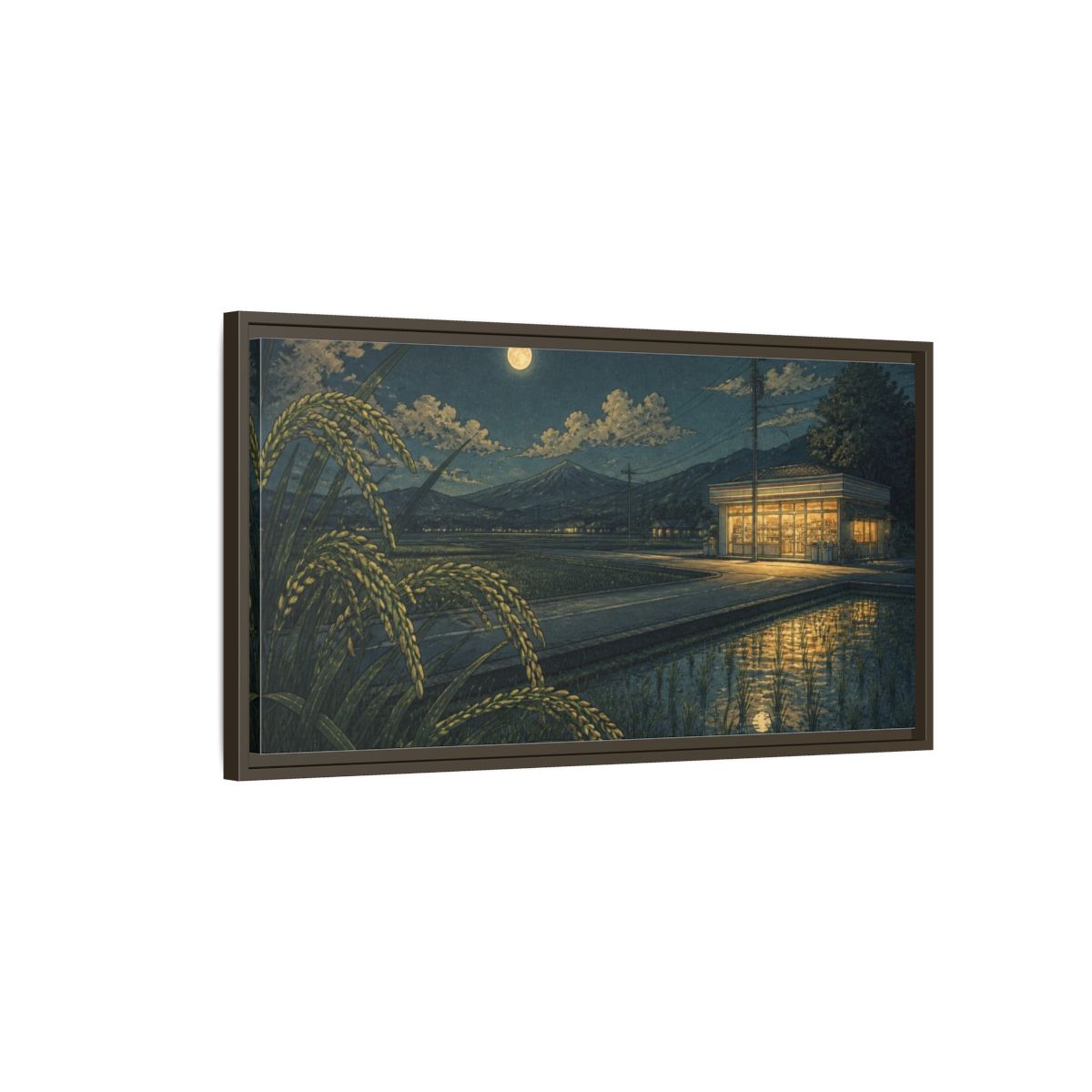 Main Mockup. Japanese Moonlit Convenience Store shown as framed canvas print