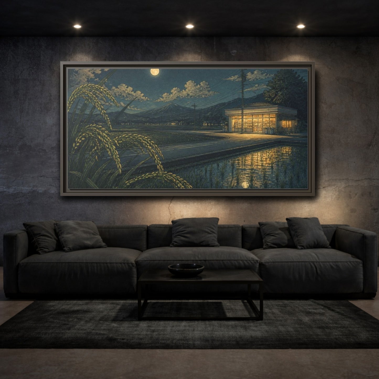 Mockup 3. Japanese Moonlit Convenience Store shown as framed canvas print