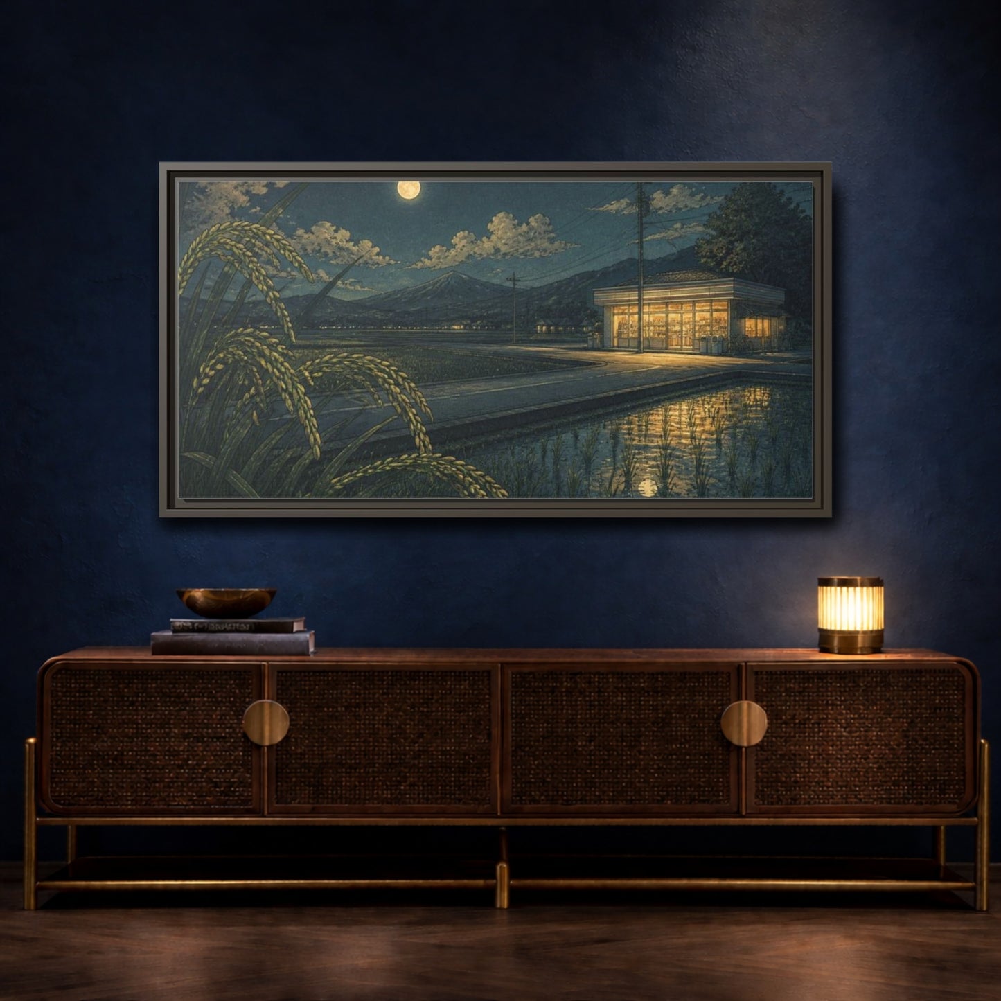 Mockup 4. Japanese Moonlit Convenience Store shown as framed canvas print
