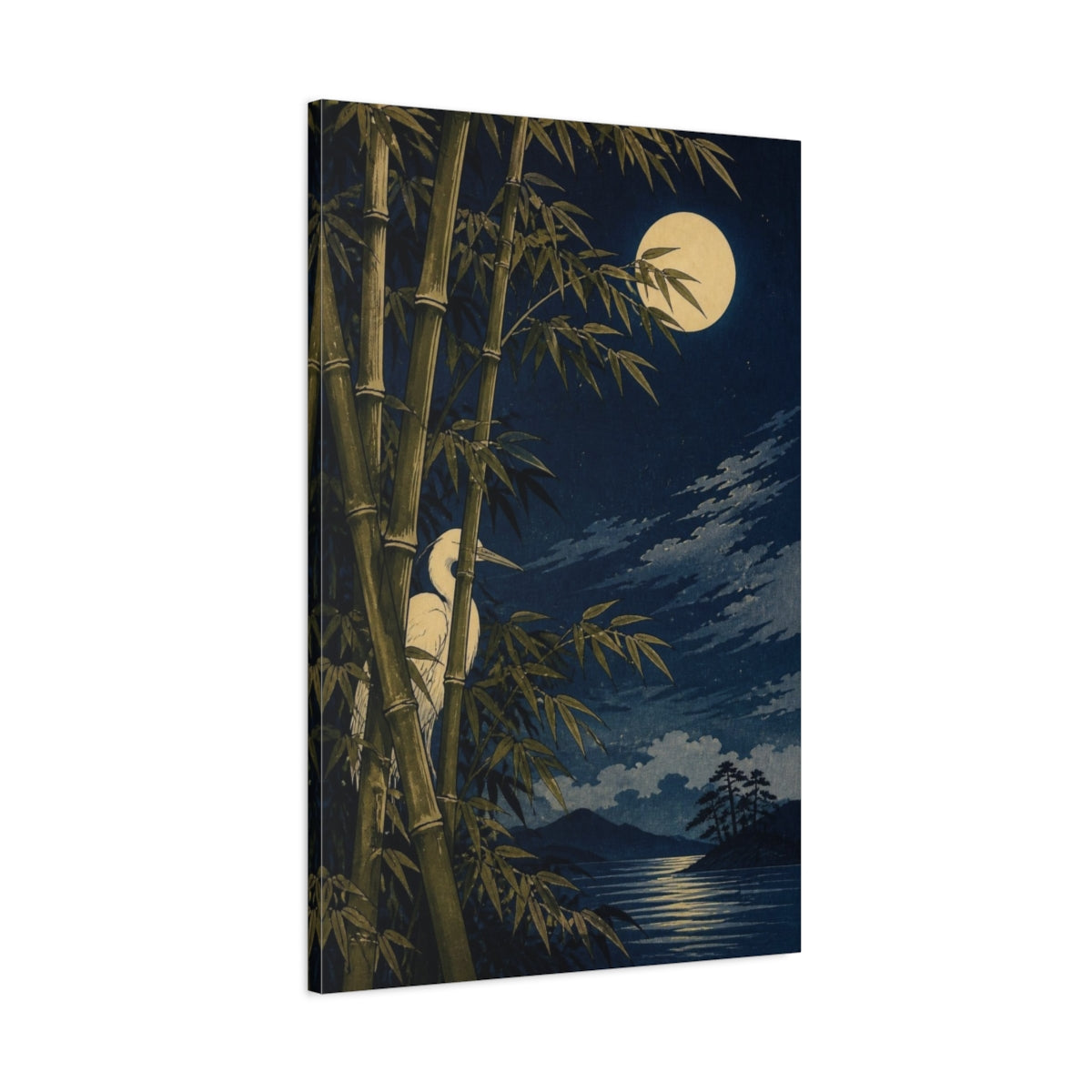 Main Mockup. Japanese Moonlit Heron shown as canvas print
